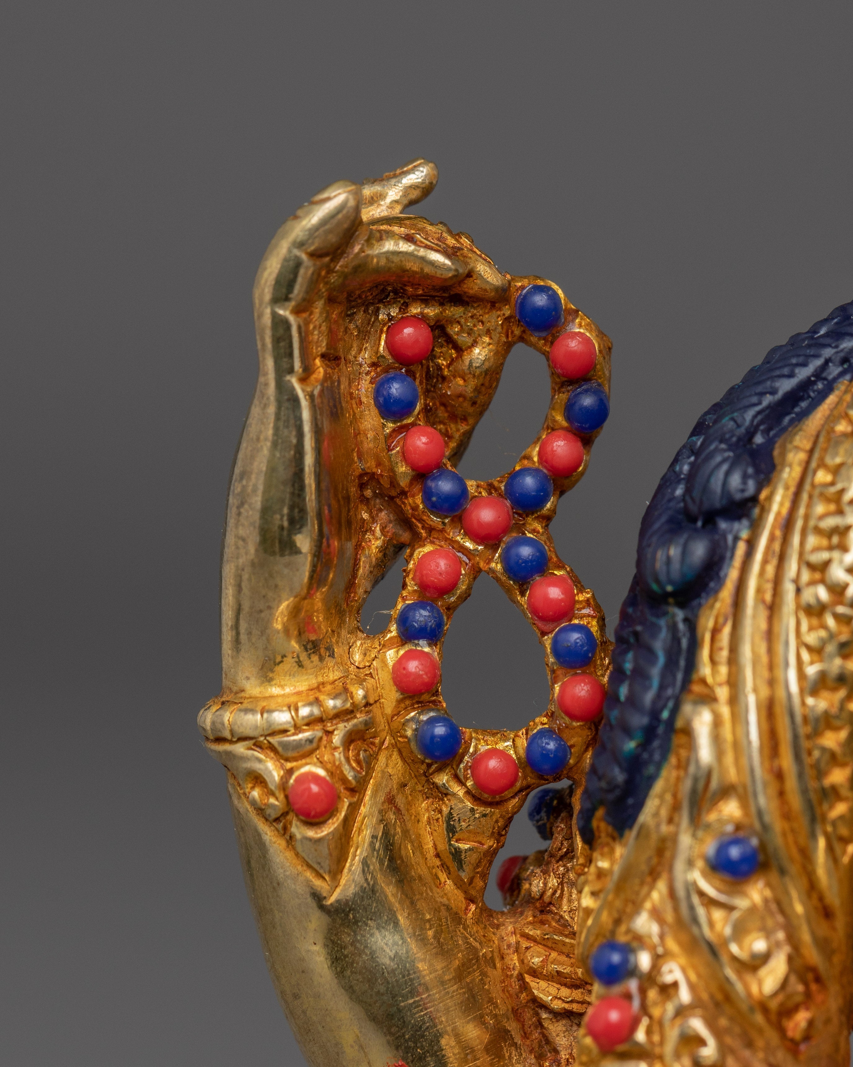 Gold Plated Buddhist Chenrezig Sculpture | Copper Sculpture with Coral & Turquoise