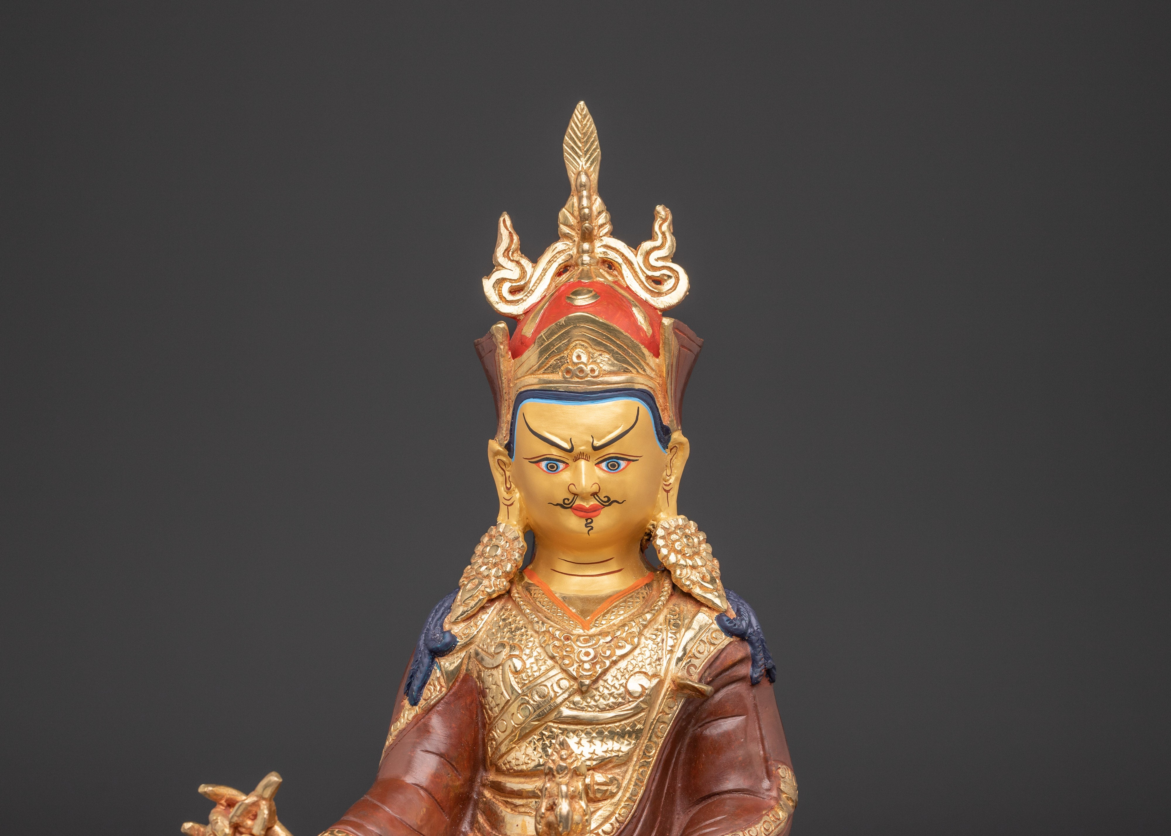 Handmade Tibetan Guru Rinpoche Statue | Copper Gold-Plated and Acrylic Sculpture