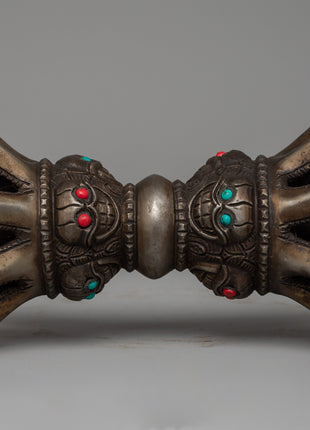 Iron Vajra with a Wooden Base and Turquoise Coral Inlays | Acrylic Painted Base