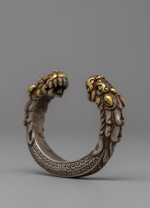 Exquisite Newari Dragon-Head Bracelet | Vintage Silver Bracelet with Gold Accents