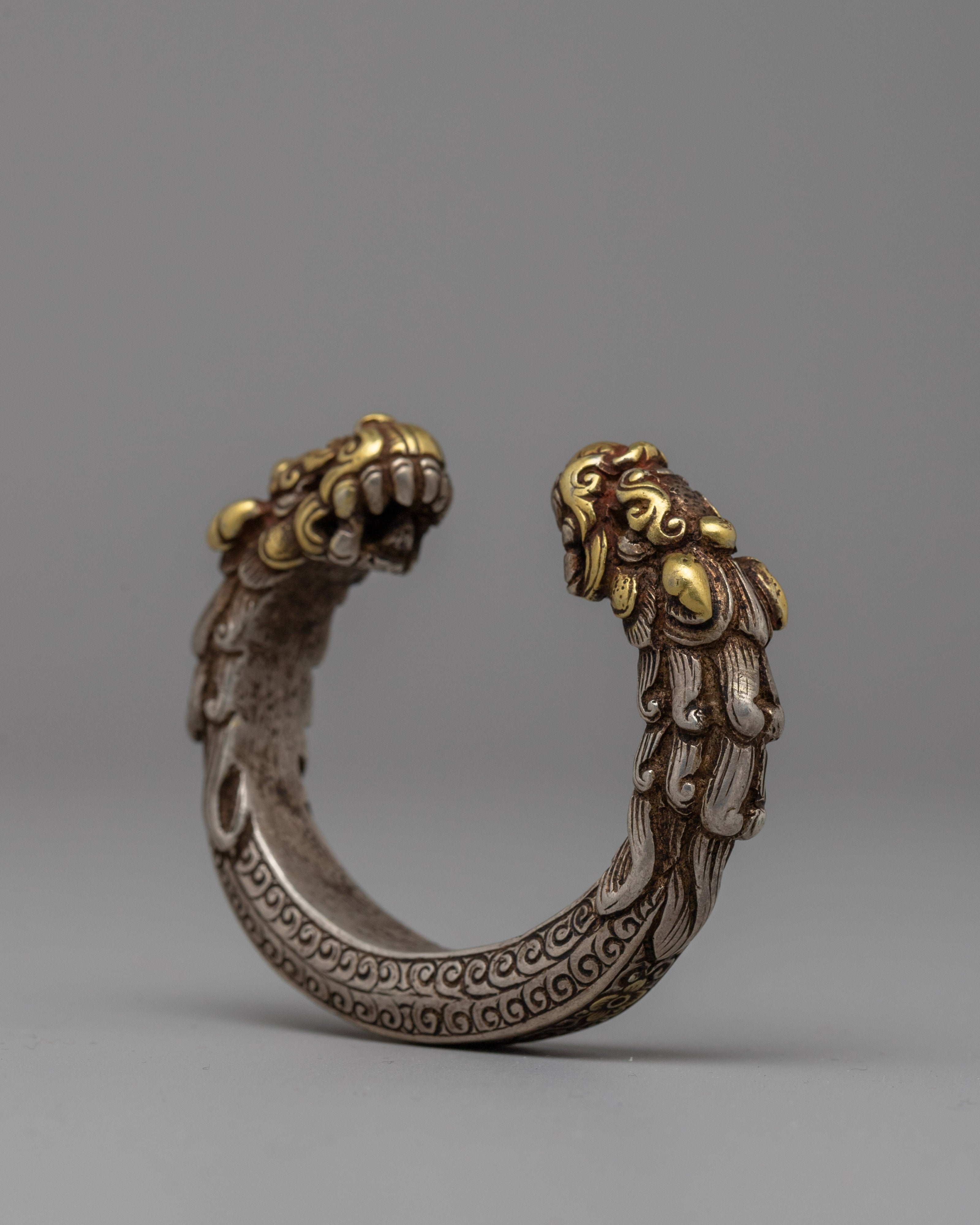 Exquisite Newari Dragon-Head Bracelet | Vintage Silver Bracelet with Gold Accents