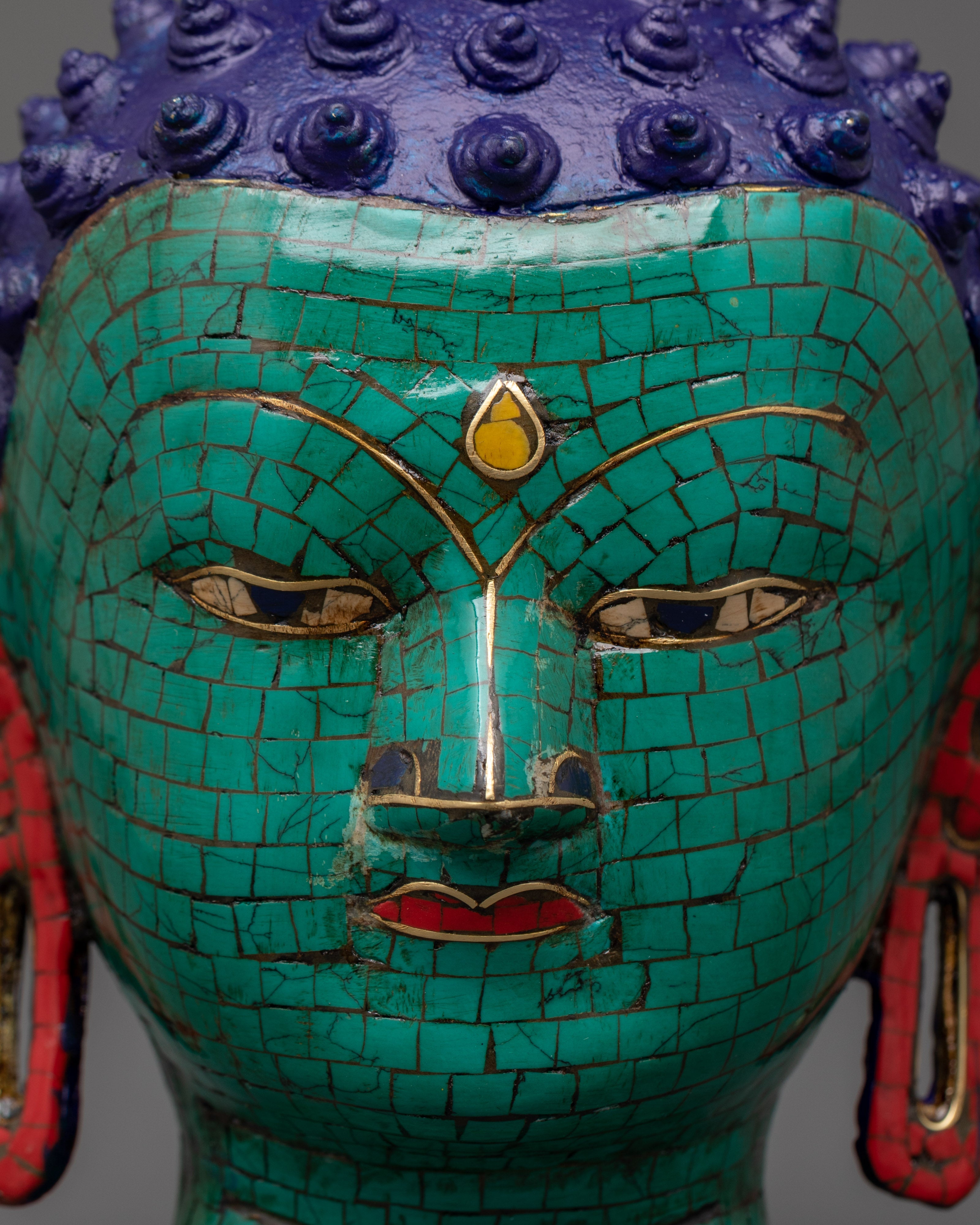Brass Buddha Head Statue with Turquoise | Peaceful Spiritual Decor