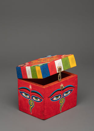Wooden Box with Buddha Eyes | Tibetan Prayer Flag Colors