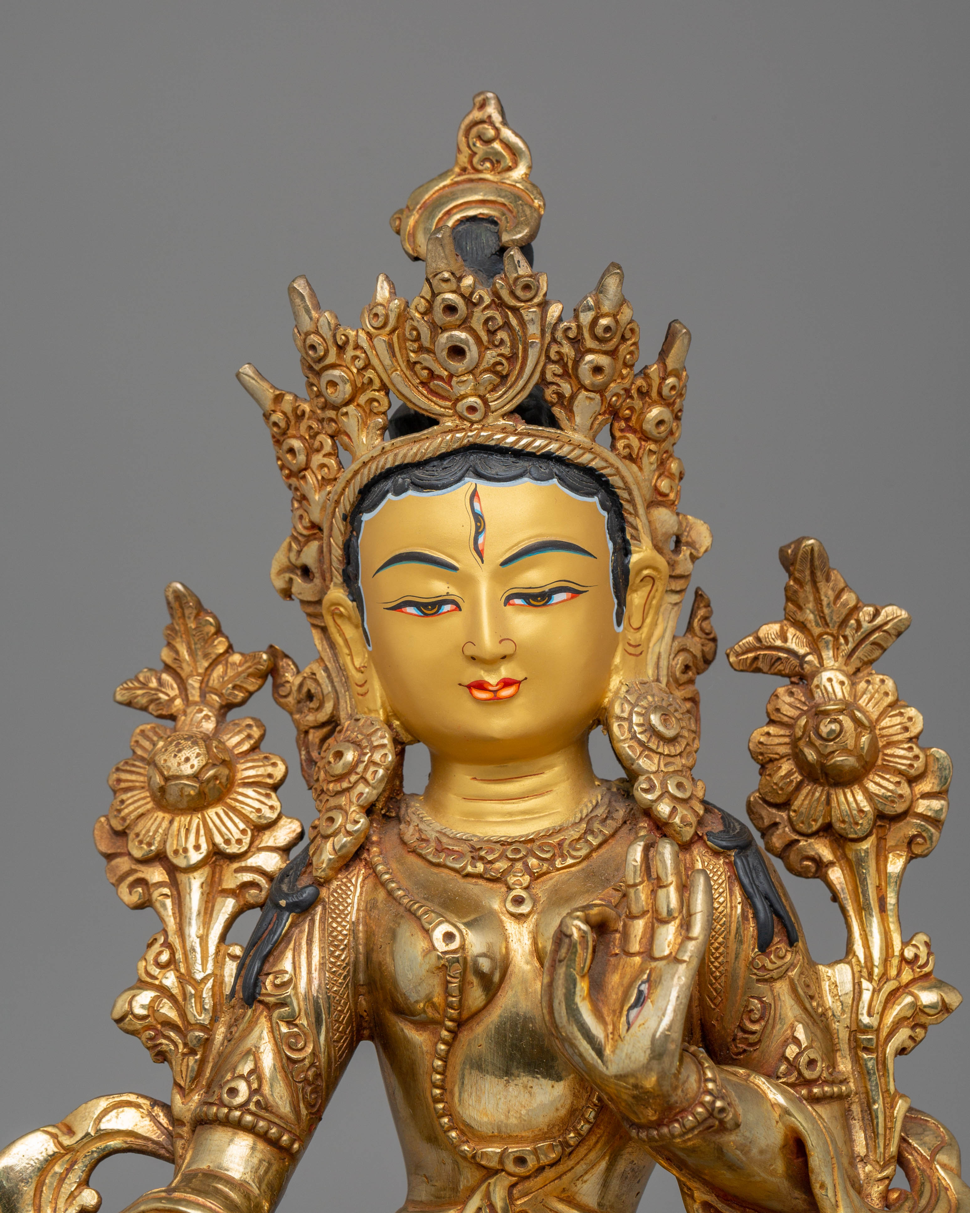 Handcrafted White Tara Copper Statue with 24K Gold Gilding