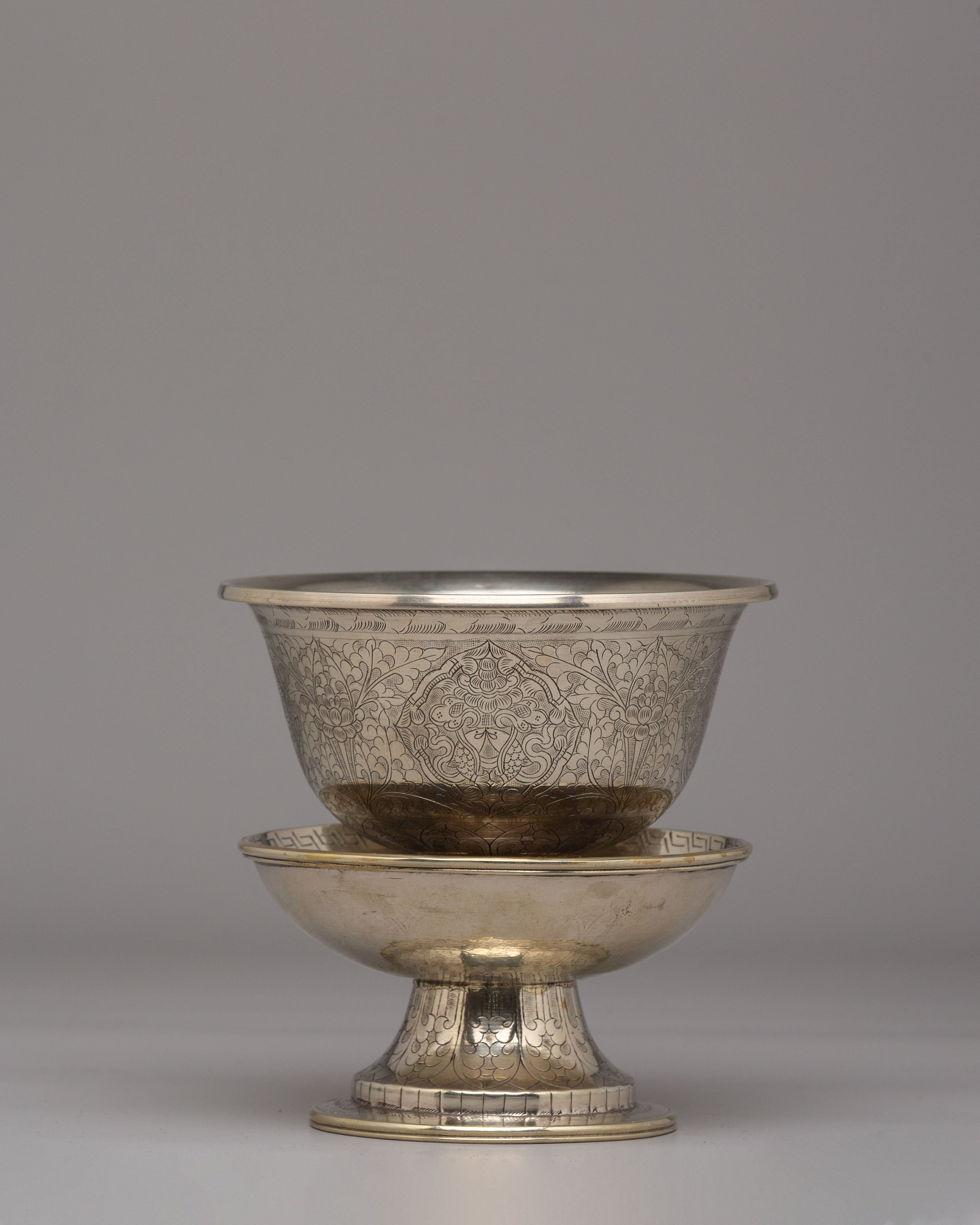 Tibetan Ritual Tea Cup Set | White Metal Ritual Cups for Altar Decor