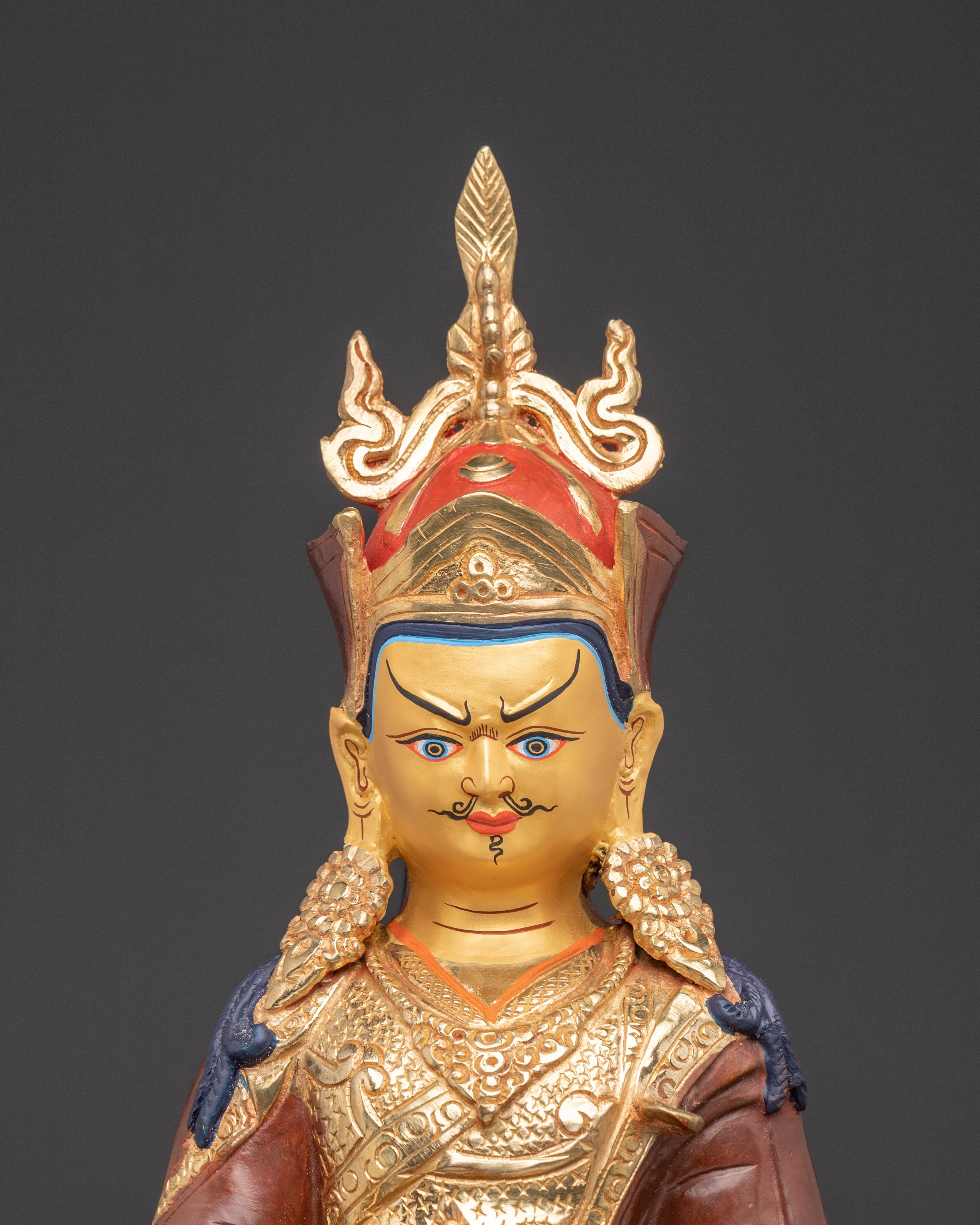 Handmade Tibetan Guru Rinpoche Statue | Copper Gold-Plated and Acrylic Sculpture