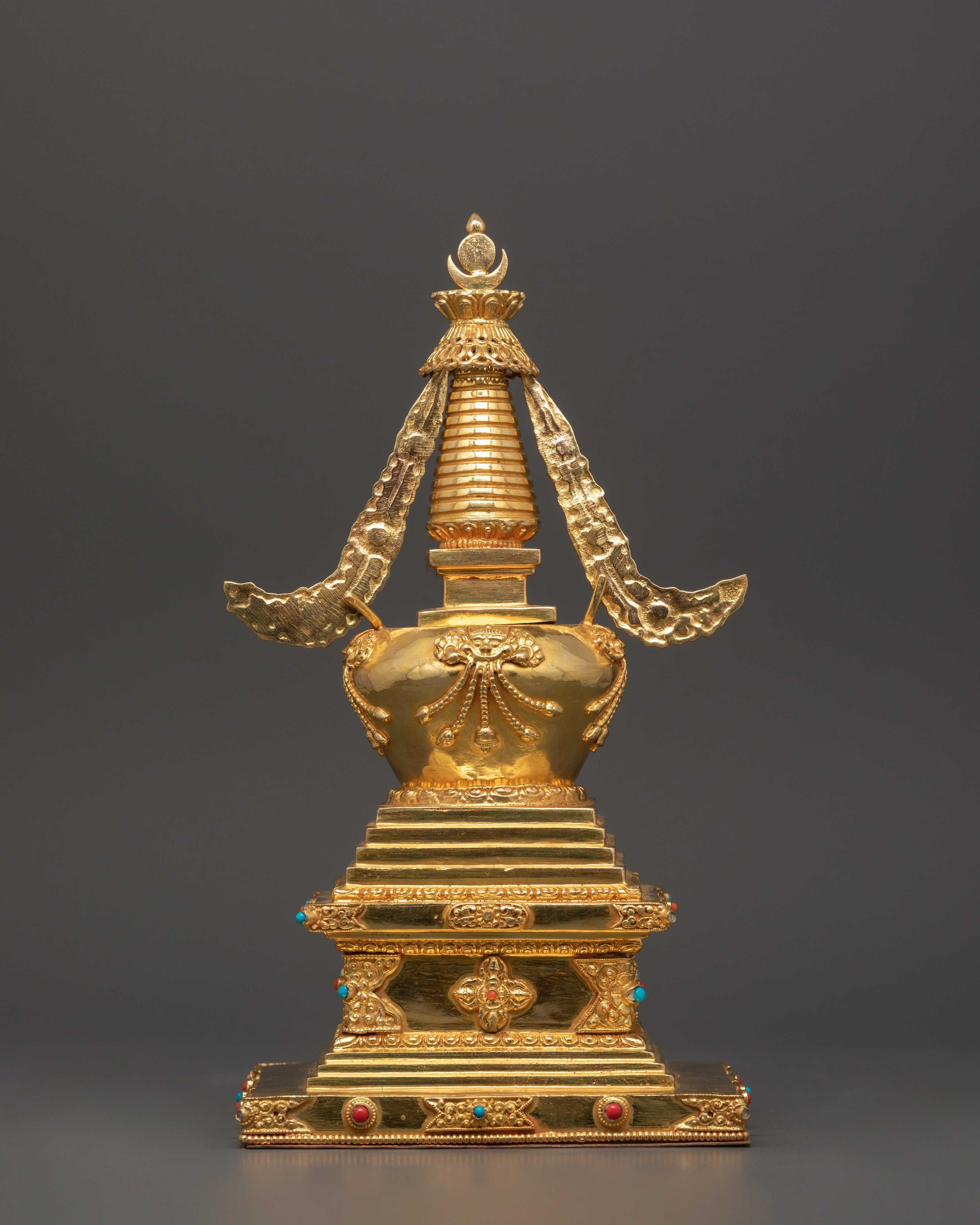Traditional Tibetan Stupa Art | Copper Gold Plated Stupa Sculpture