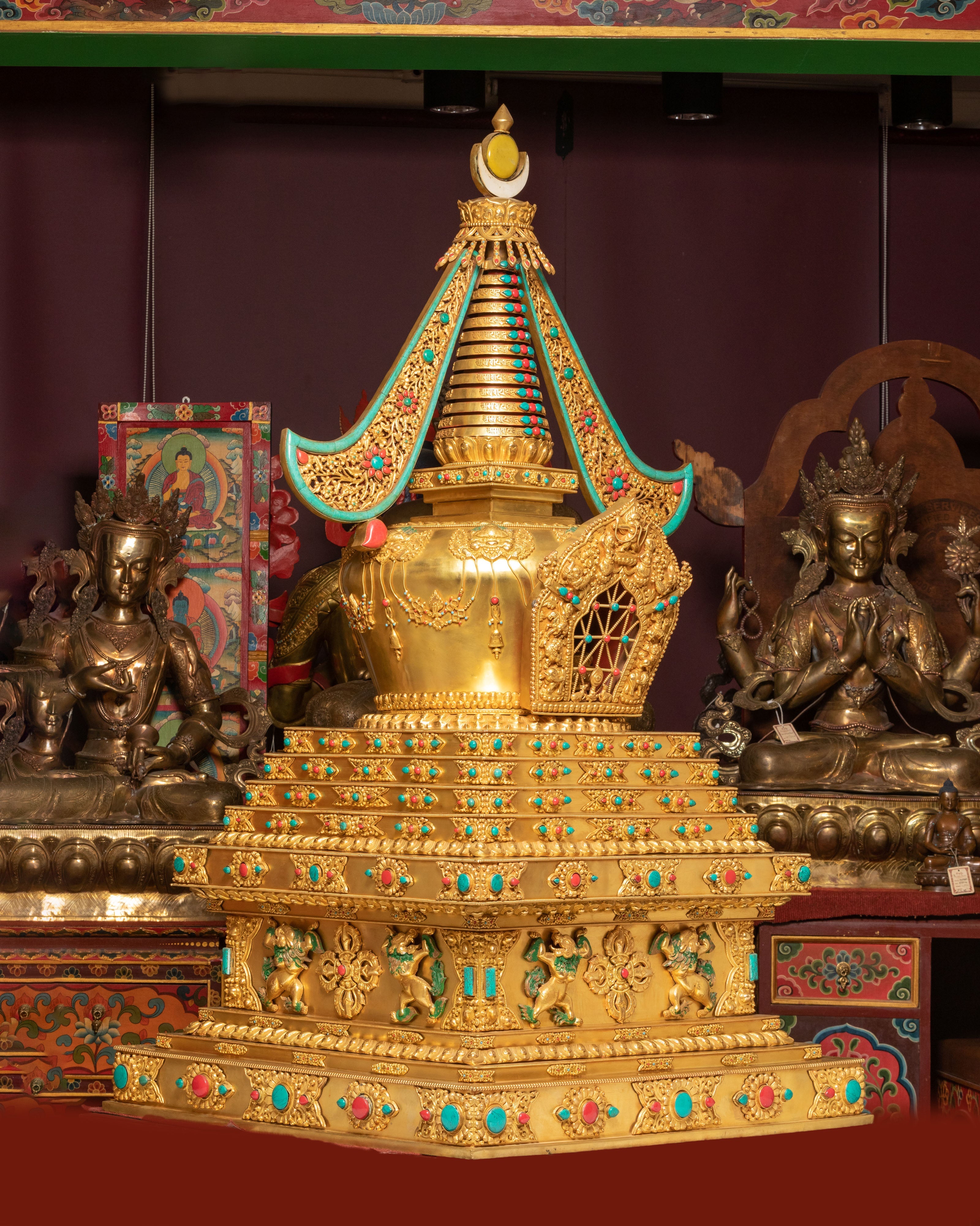 Sacred Buddhist Stupa for Altar | Gold-Plated Tibetan Stupa with Coral & Turquoise