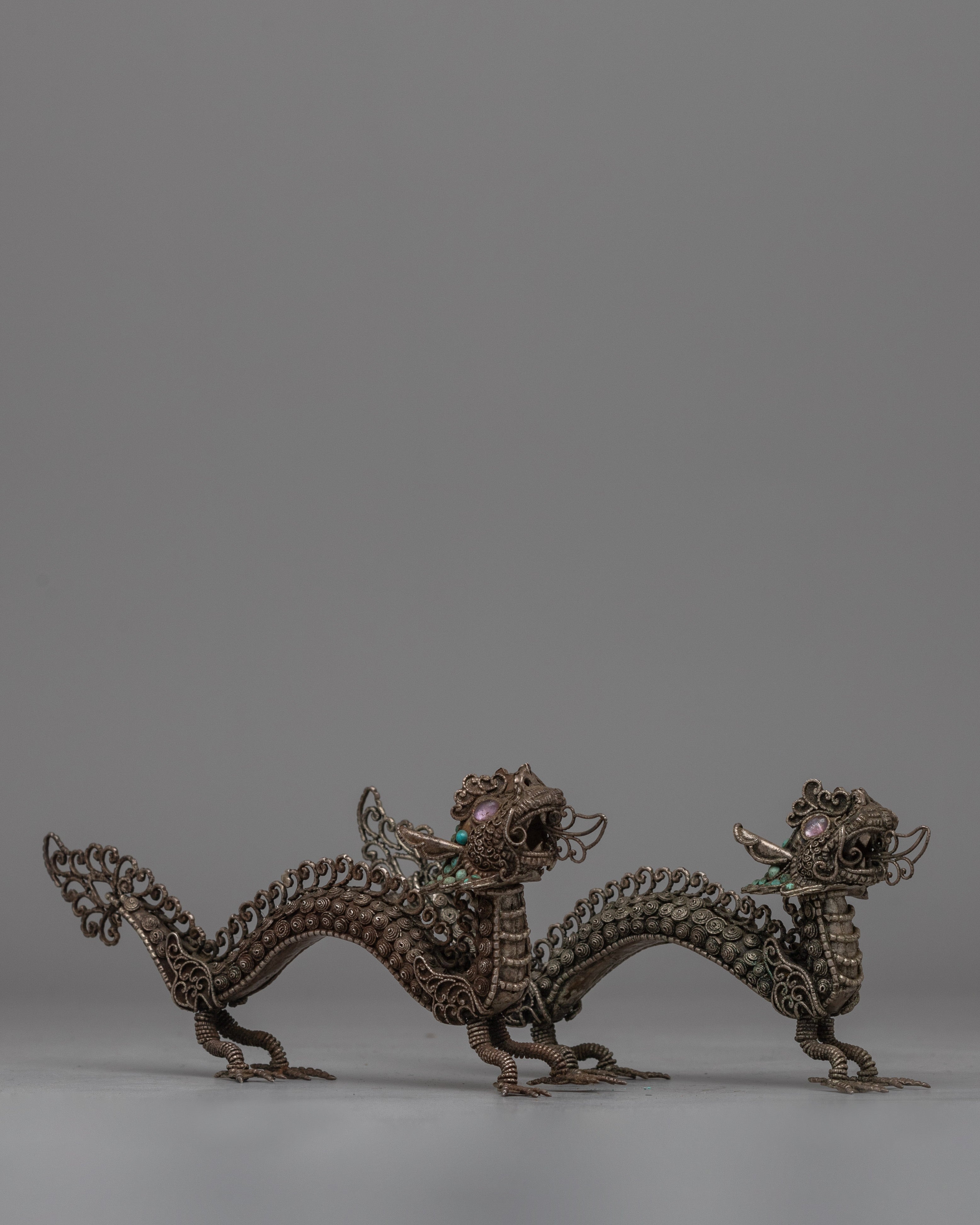 Elegant Silver Filigree Dragon Statue | Buddhist-Inspired Home Decor
