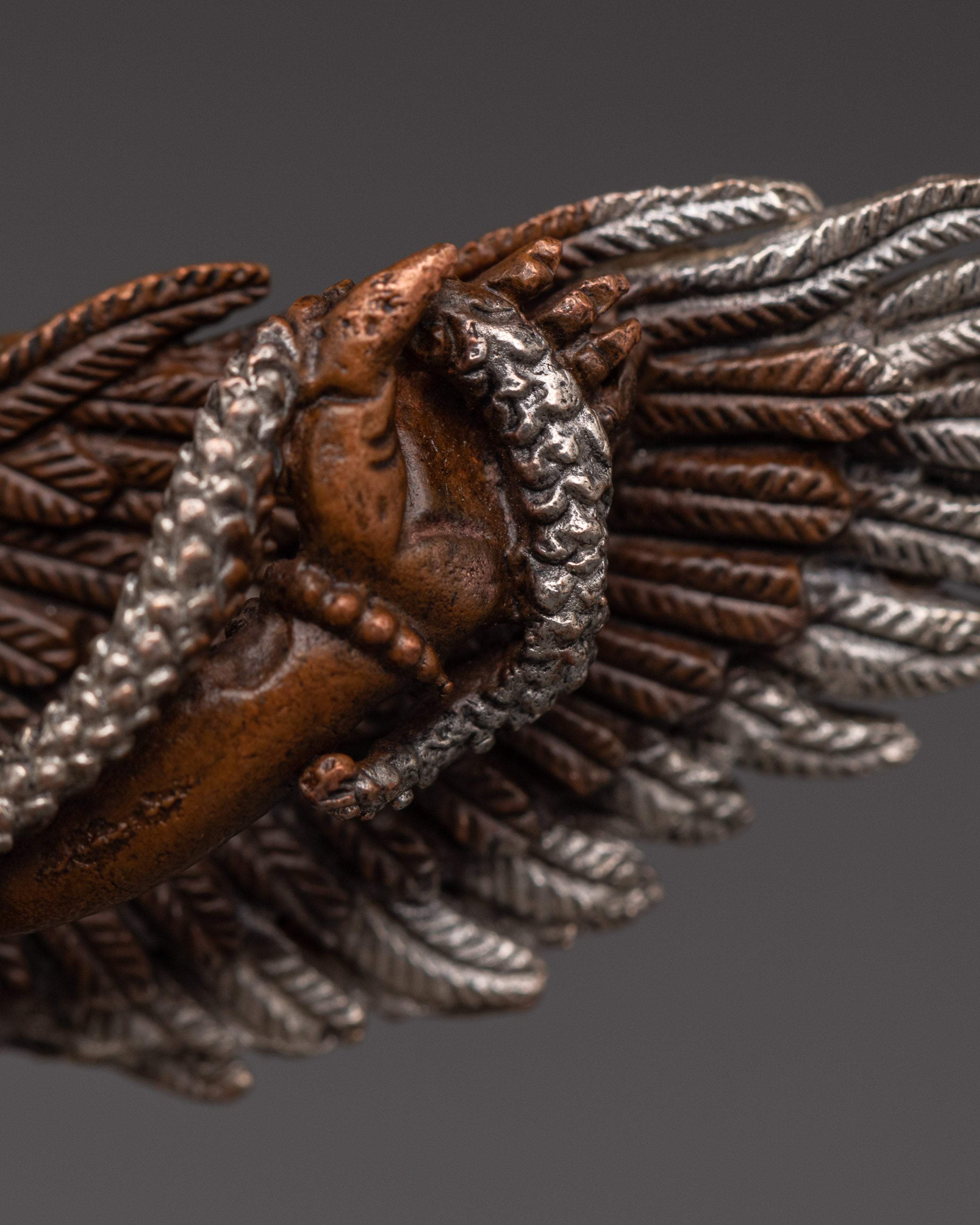 Handcrafted Tibetan Garuda Statue | Copper Oxidized Silver Plated Protector Deity Sculpture for Spiritual Décor