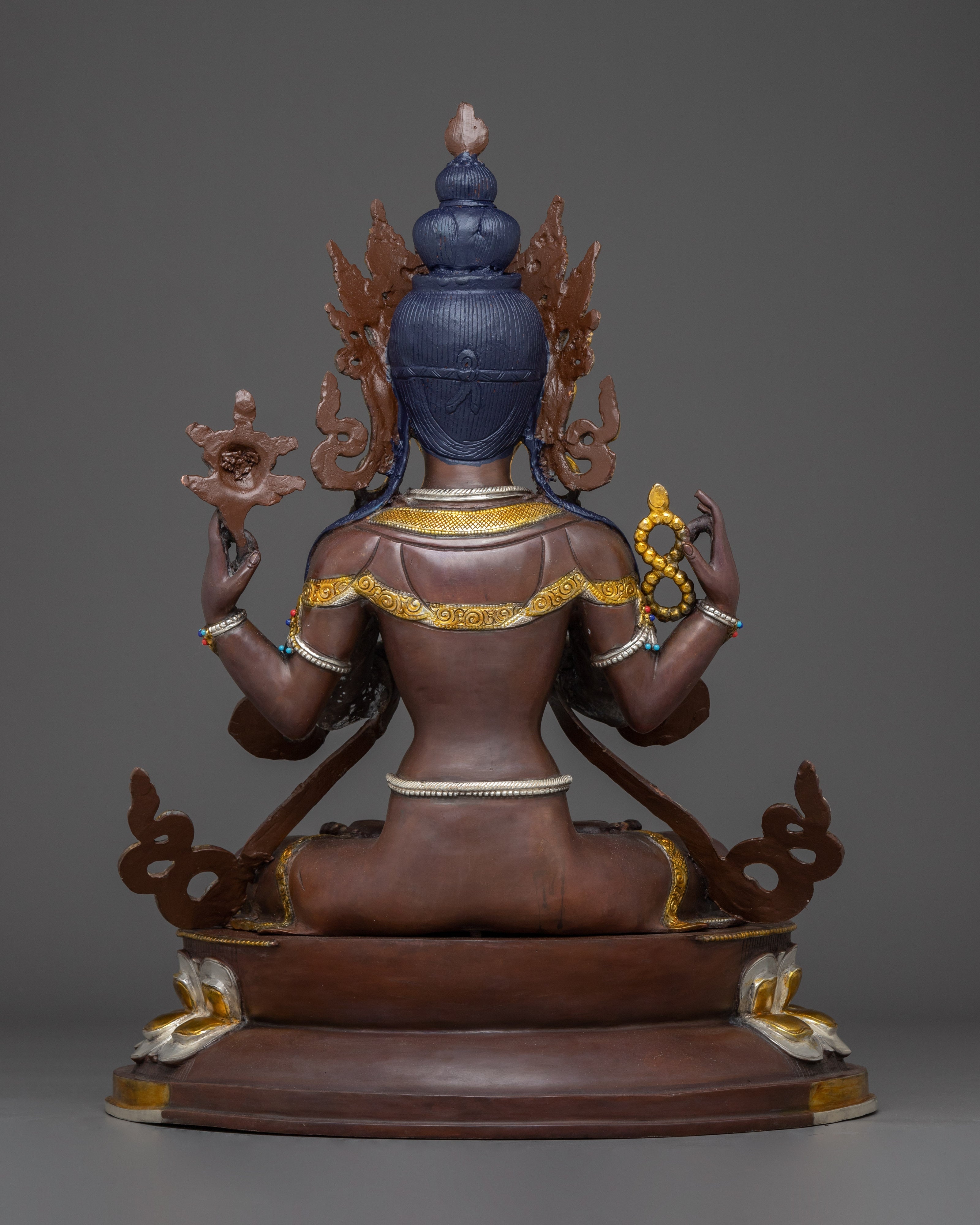 Handcrafted Four-Armed Chenrezig Statue | Oxidized Copper & Gold Plated Figurine