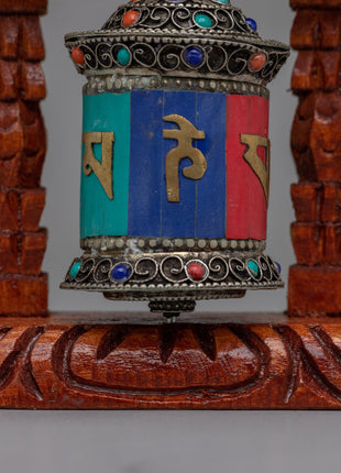 Compact Copper Prayer Wheel with Mantras and Stones | Vibrant Buddhist Devotional Tool