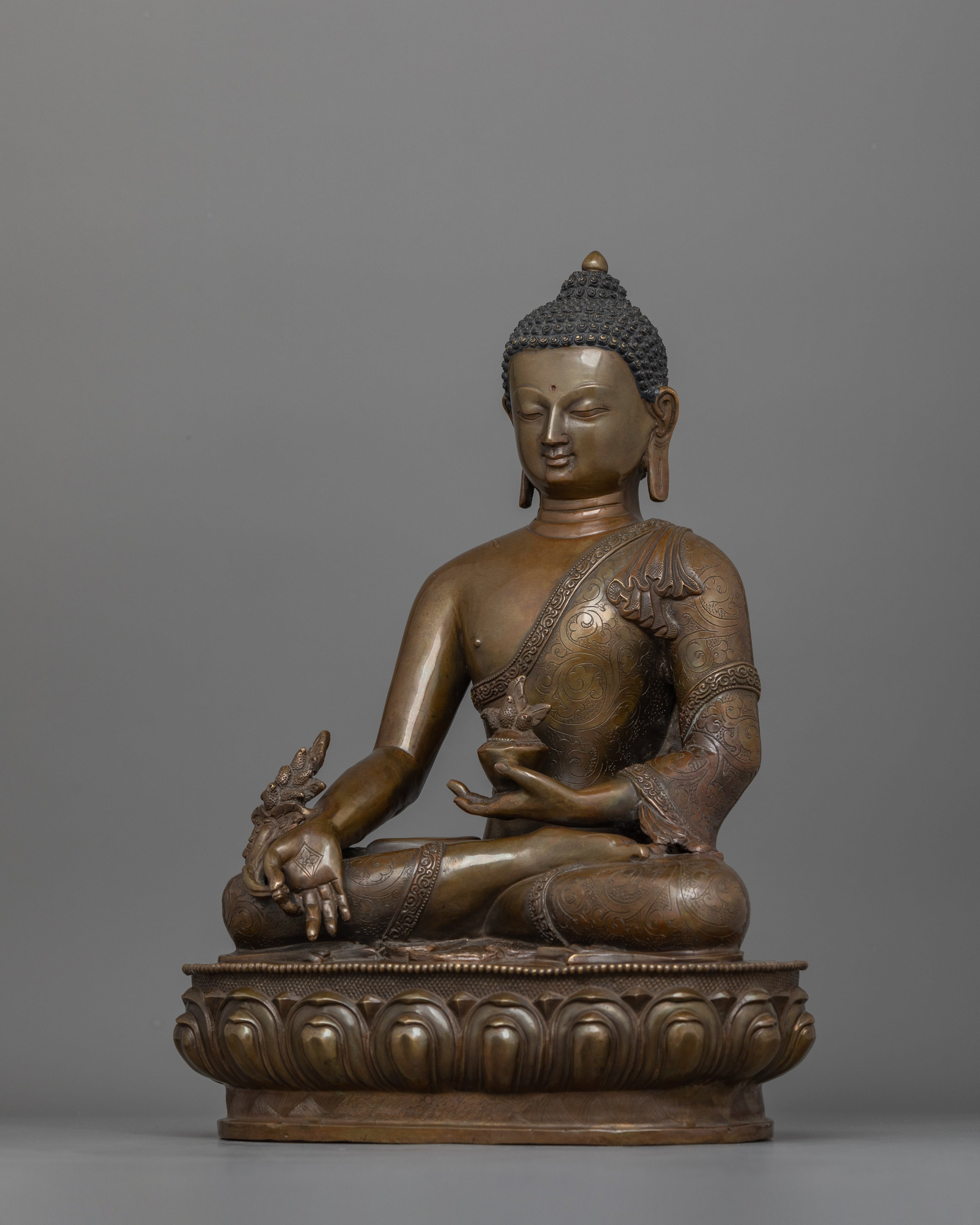 Serene Medicine Buddha Statue for Altar | Handcrafted Oxidized Copper Artwork