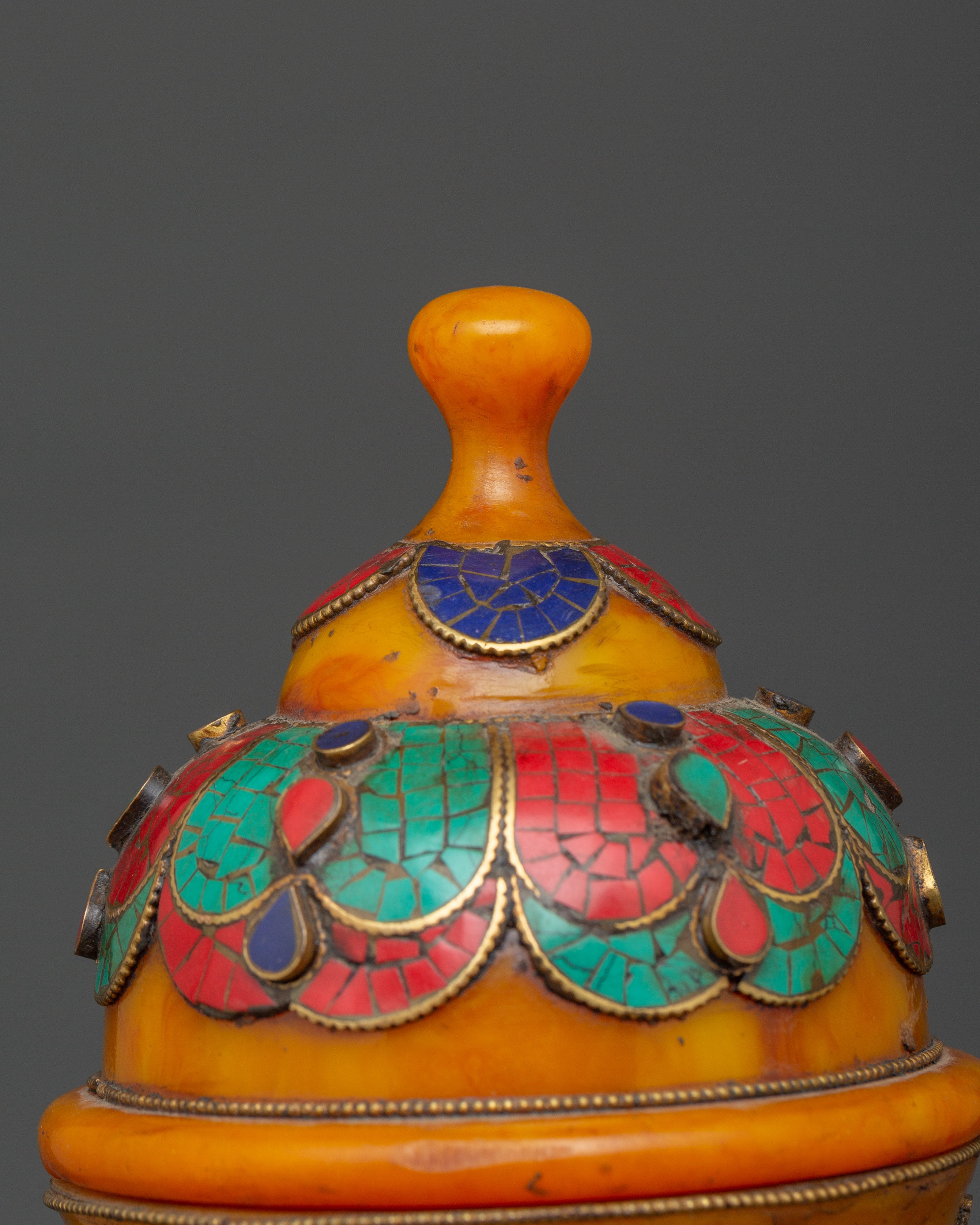 Traditional Himalayan Rice Pot | Handcrafted Brass & Amber Vessel with Turquoise Stone