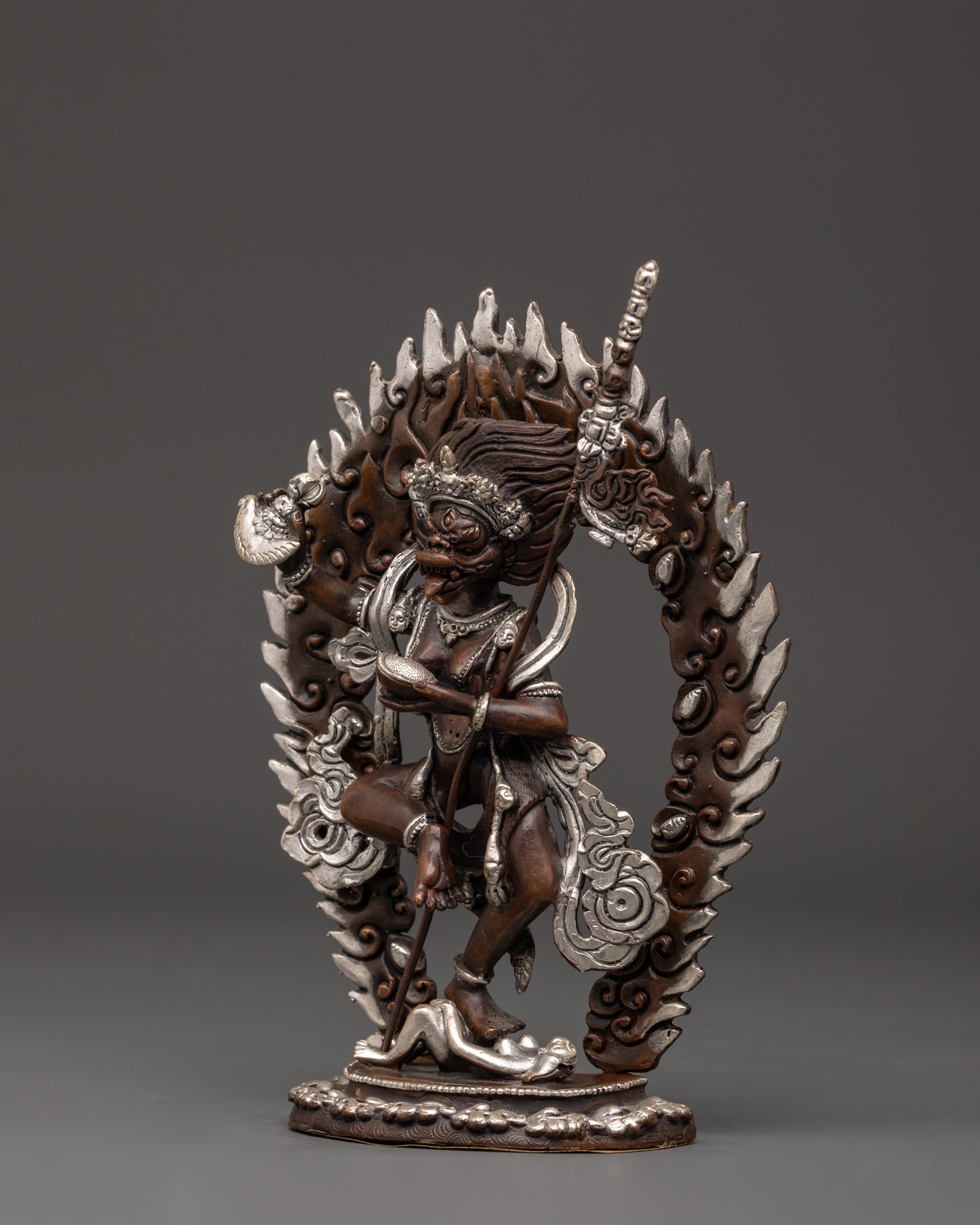 Yogini Simhamukha Statue | Sacred Oxidized Copper & Silver-Plated Sculpture