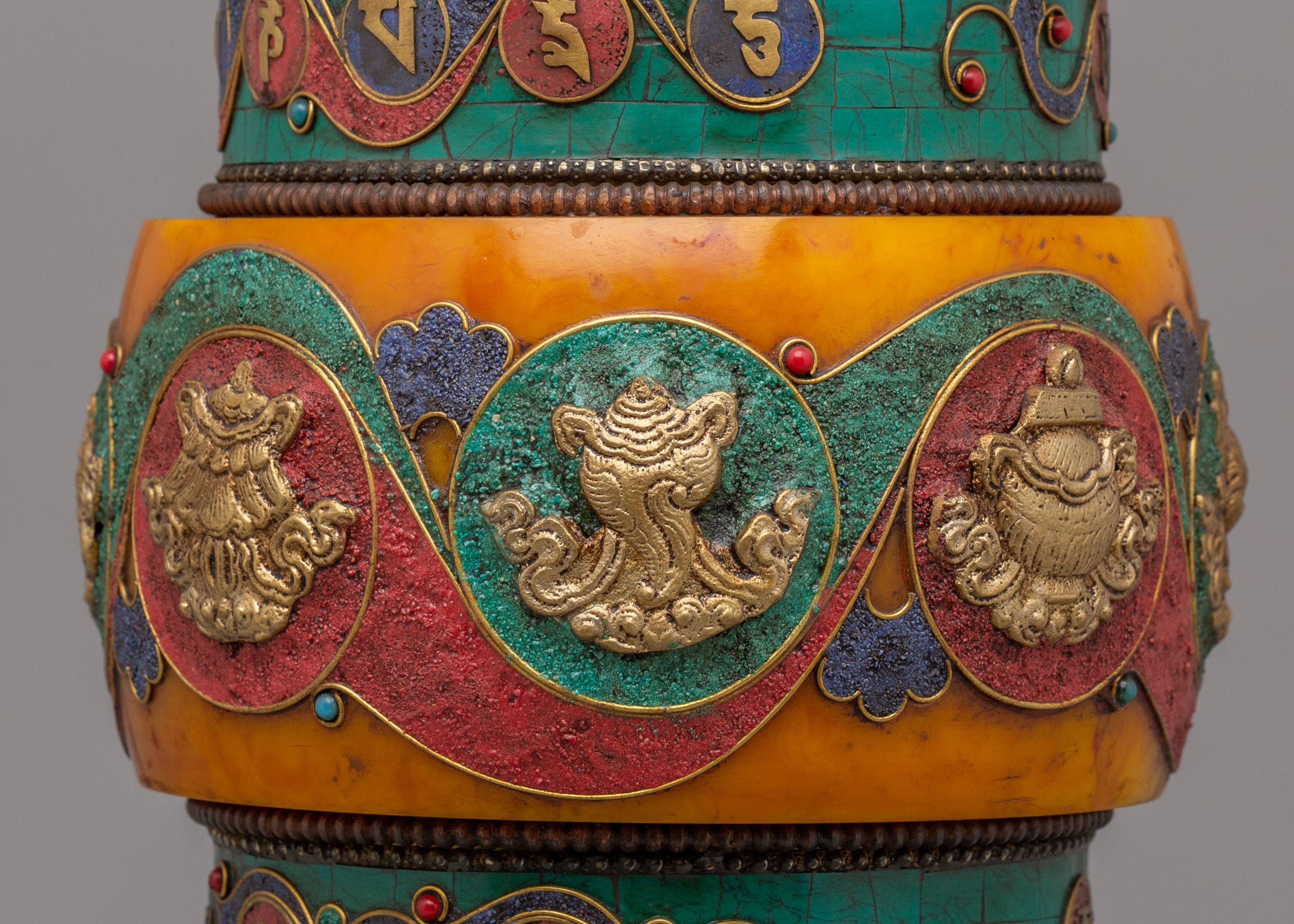 Auspicious Symbol Prayer Wheel | Handcrafted Tibetan Buddhist Ritual Object
