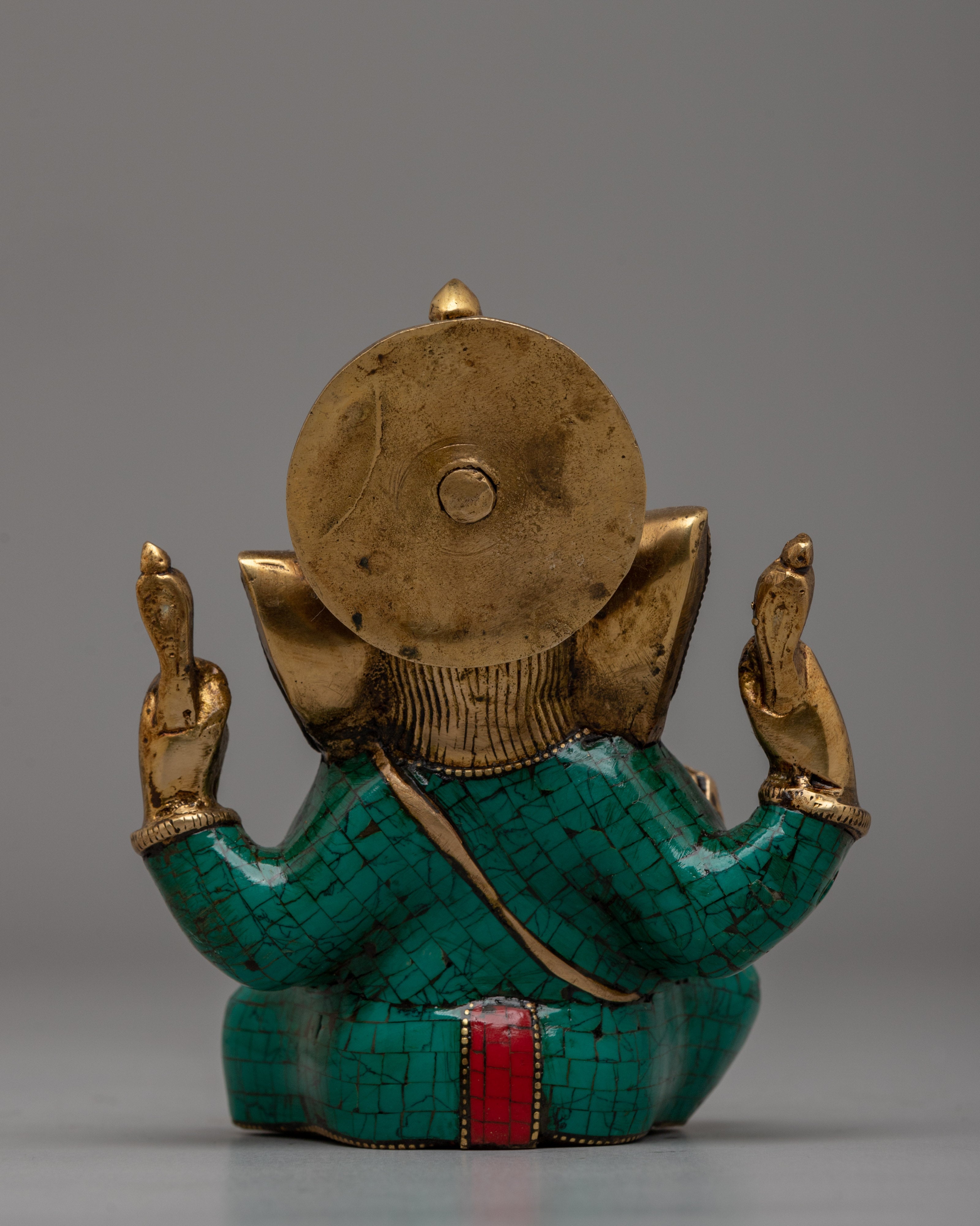 Handcrafted Brass Ganesha Statue with Turquoise & Coral Inlay | Spiritual Decor for Home or Meditation