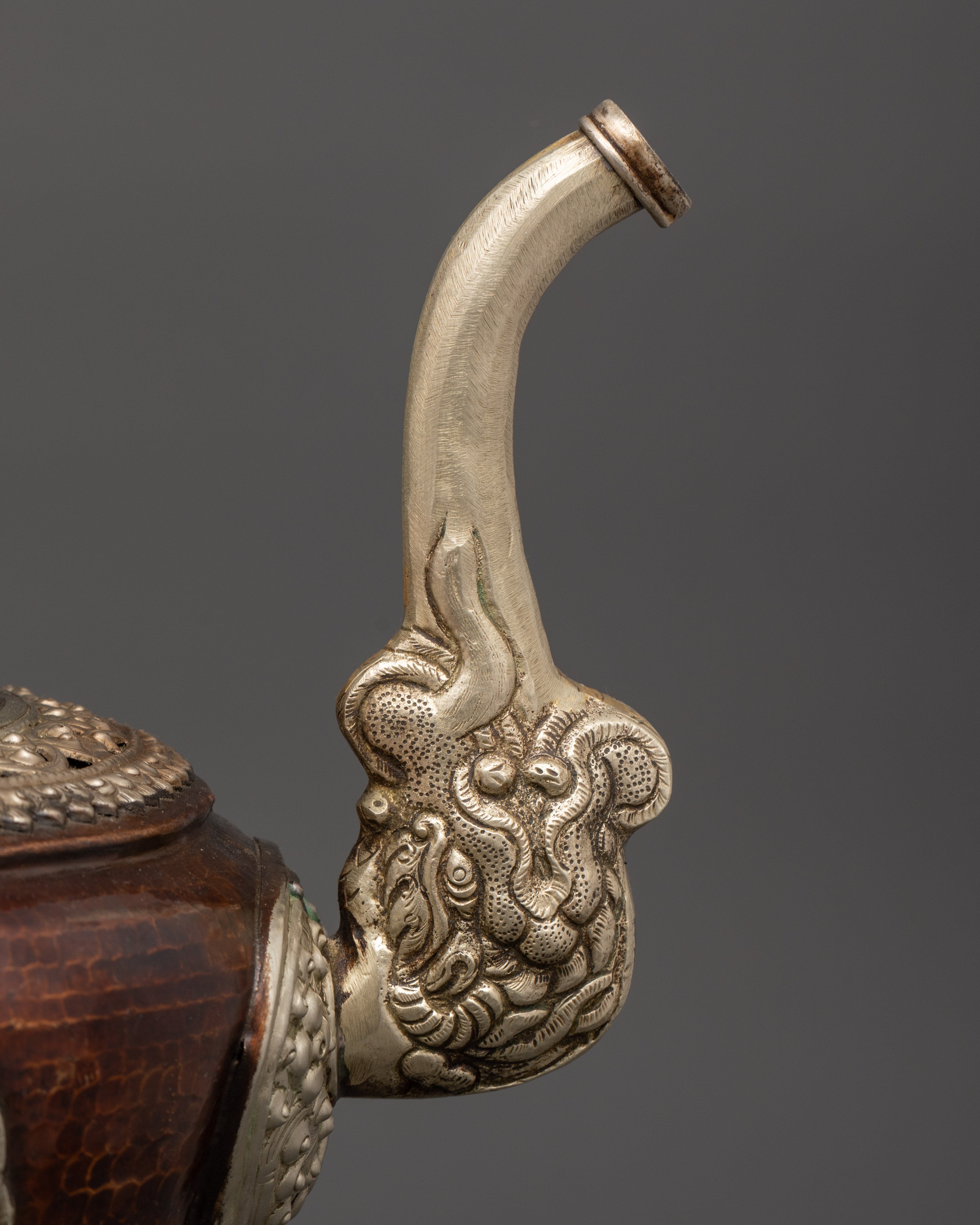 Handcrafted Copper Tea Pot Set | White Metal Himalayan Ritual Pair