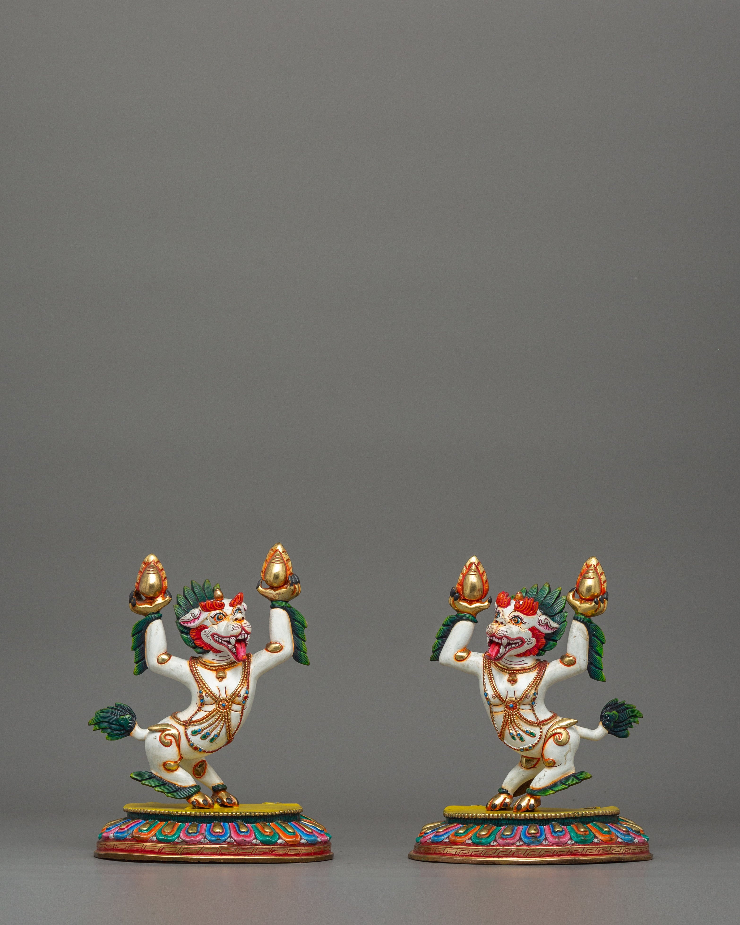 Gold-Plated Copper Foo Dog Lion Set | Guardian Statues for Shrines