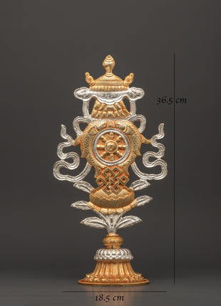 Buddhist Auspicious Symbol Altar Decor | Electro Gold & Silver Plated Tibetan Art