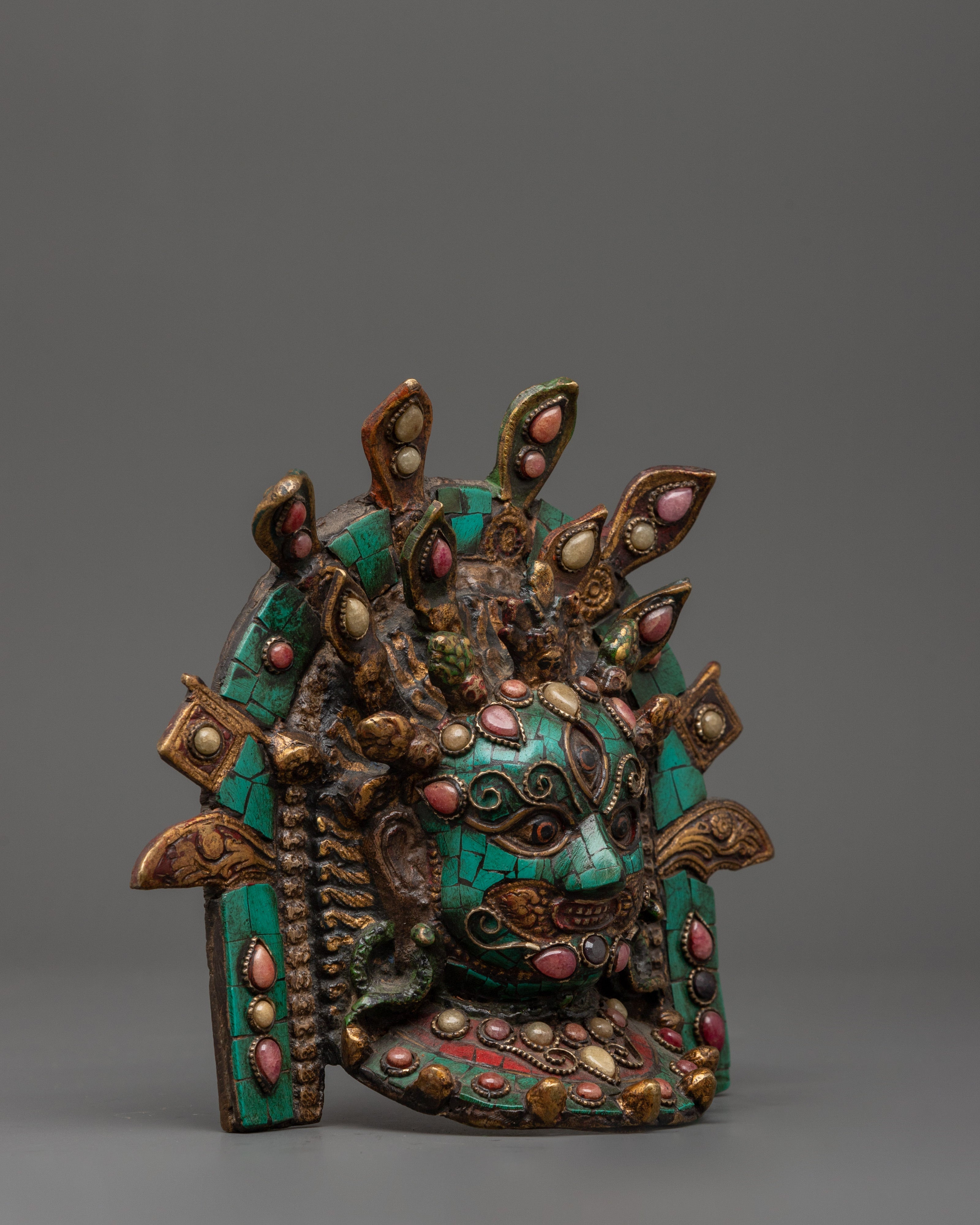 Turquoise Coral Wall Hanging Mask | Brass Decor for Sacred Spaces