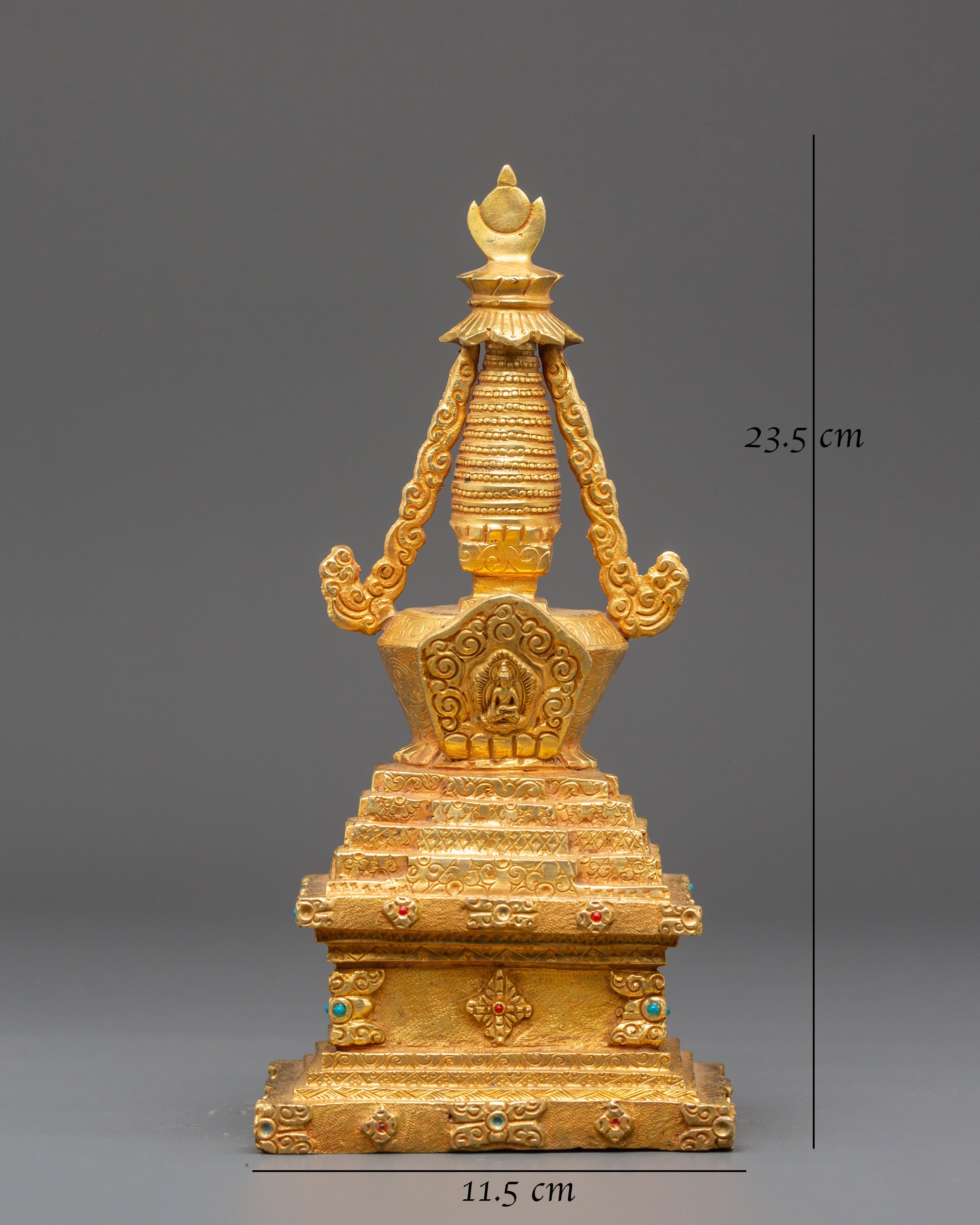 Handcrafted Spiritual Monument Stupa | Gold Plated Tibetan Altar Decor