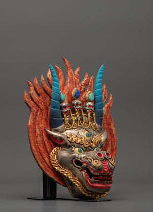 Yamantaka Buddhist Protector Deity Wall Hanging | Silver & Gold-Plated Tibetan Mask