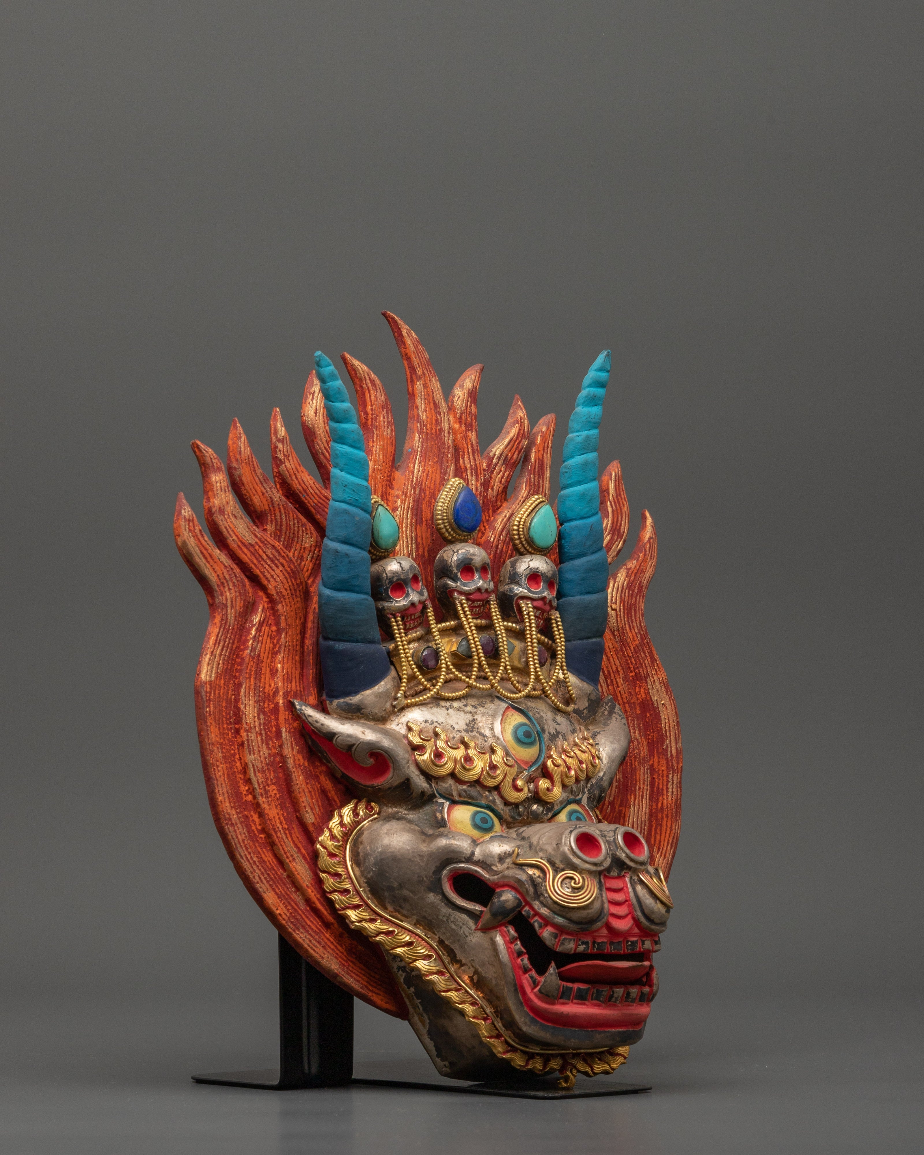 Yamantaka Buddhist Protector Deity Wall Hanging | Silver & Gold-Plated Tibetan Mask