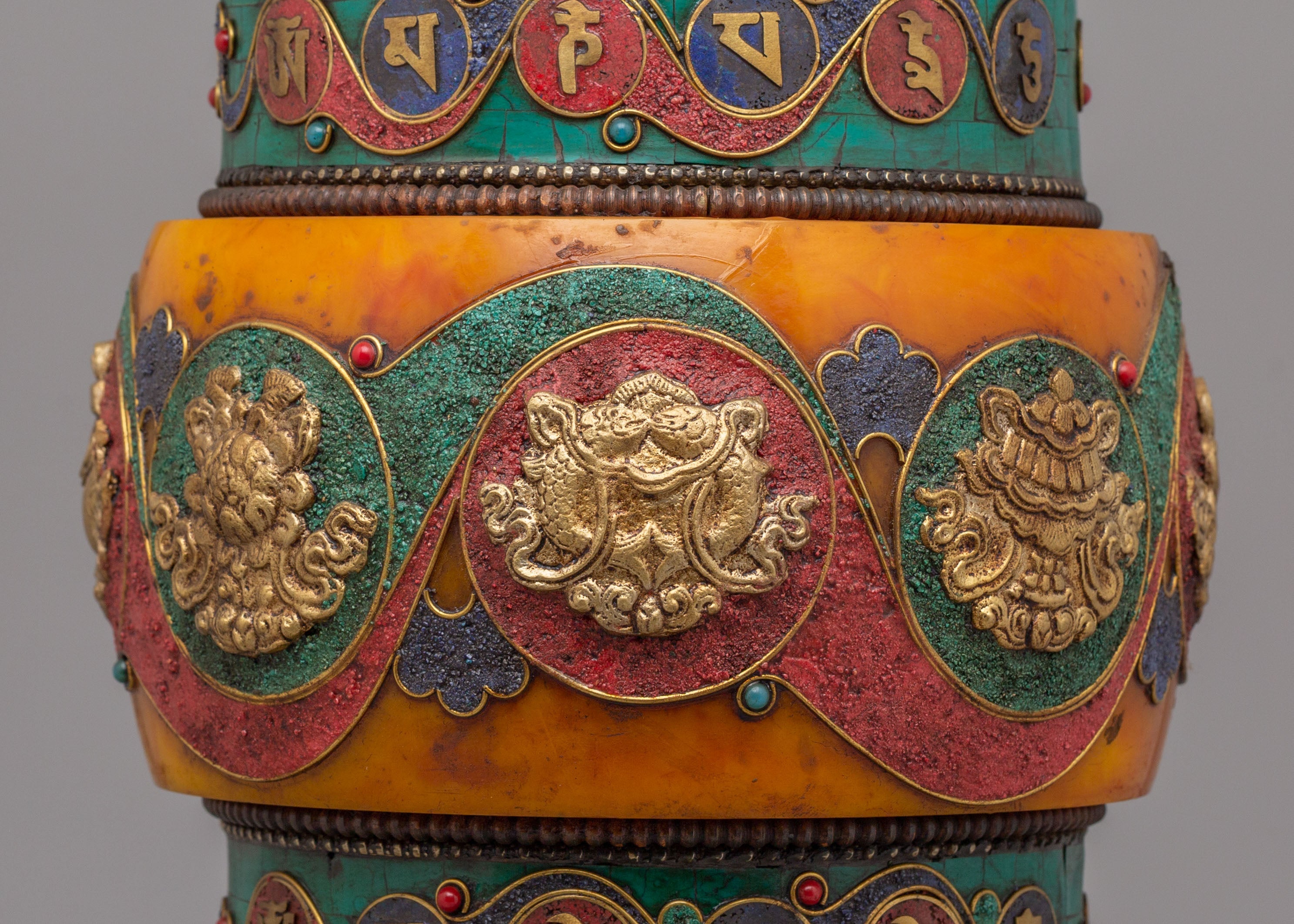 Auspicious Symbol Prayer Wheel | Handcrafted Tibetan Buddhist Ritual Object