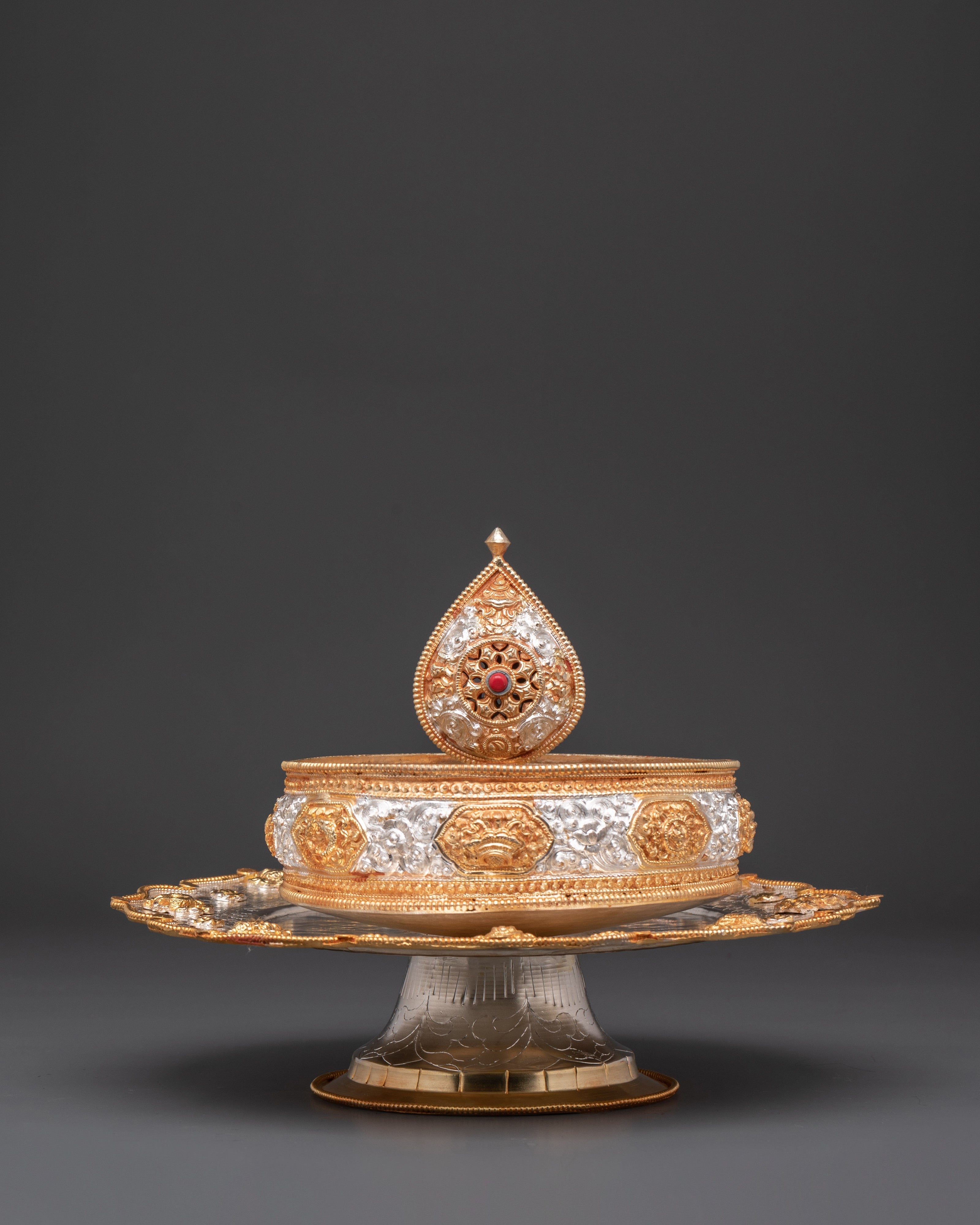 Handcrafted Tibetan Mandala Offering Set | Gold & Silver Ritual Sculpture