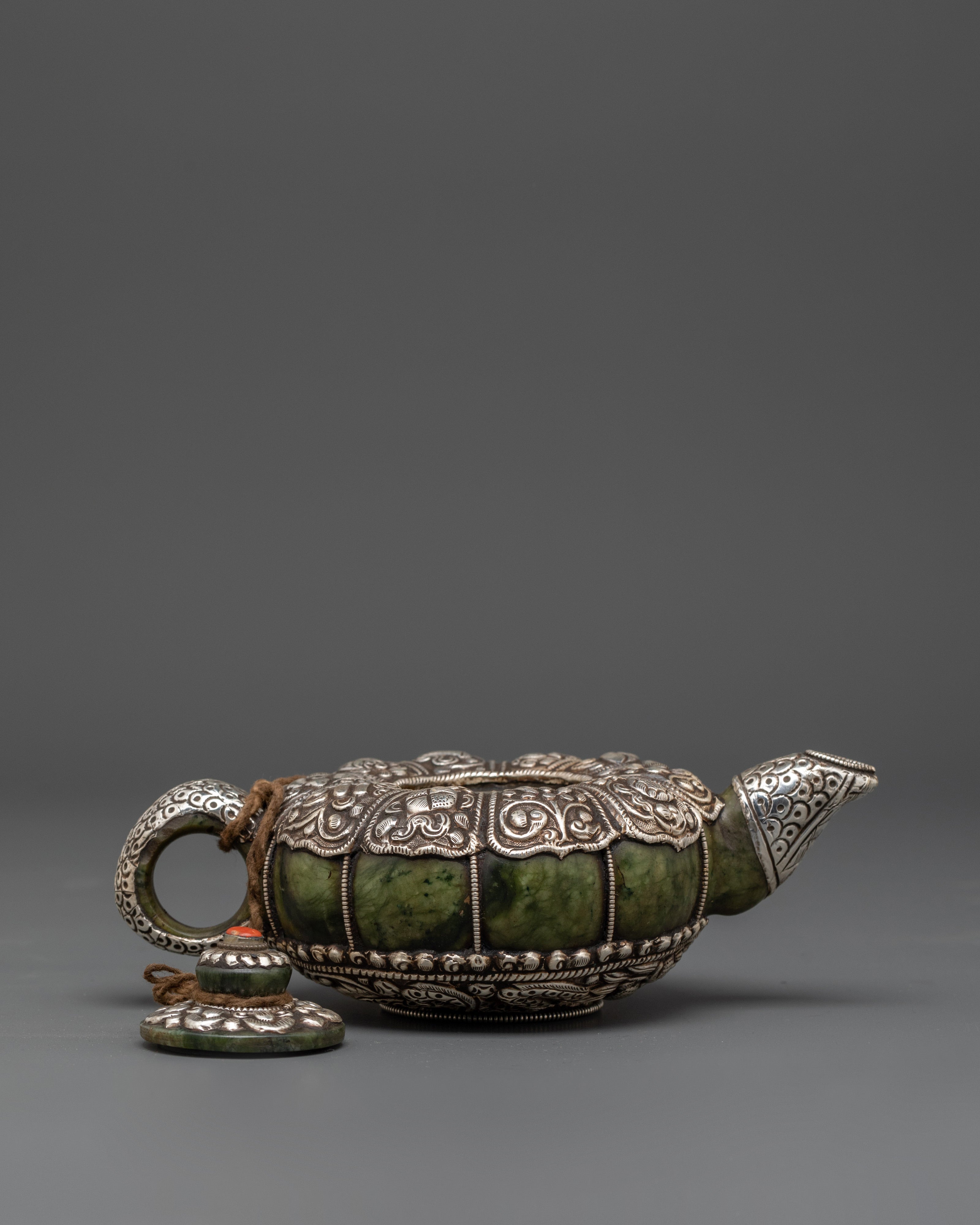 Handcrafted Tibetan Teapot & Offering Bowl Set | Green Jade & Silver Tea Set
