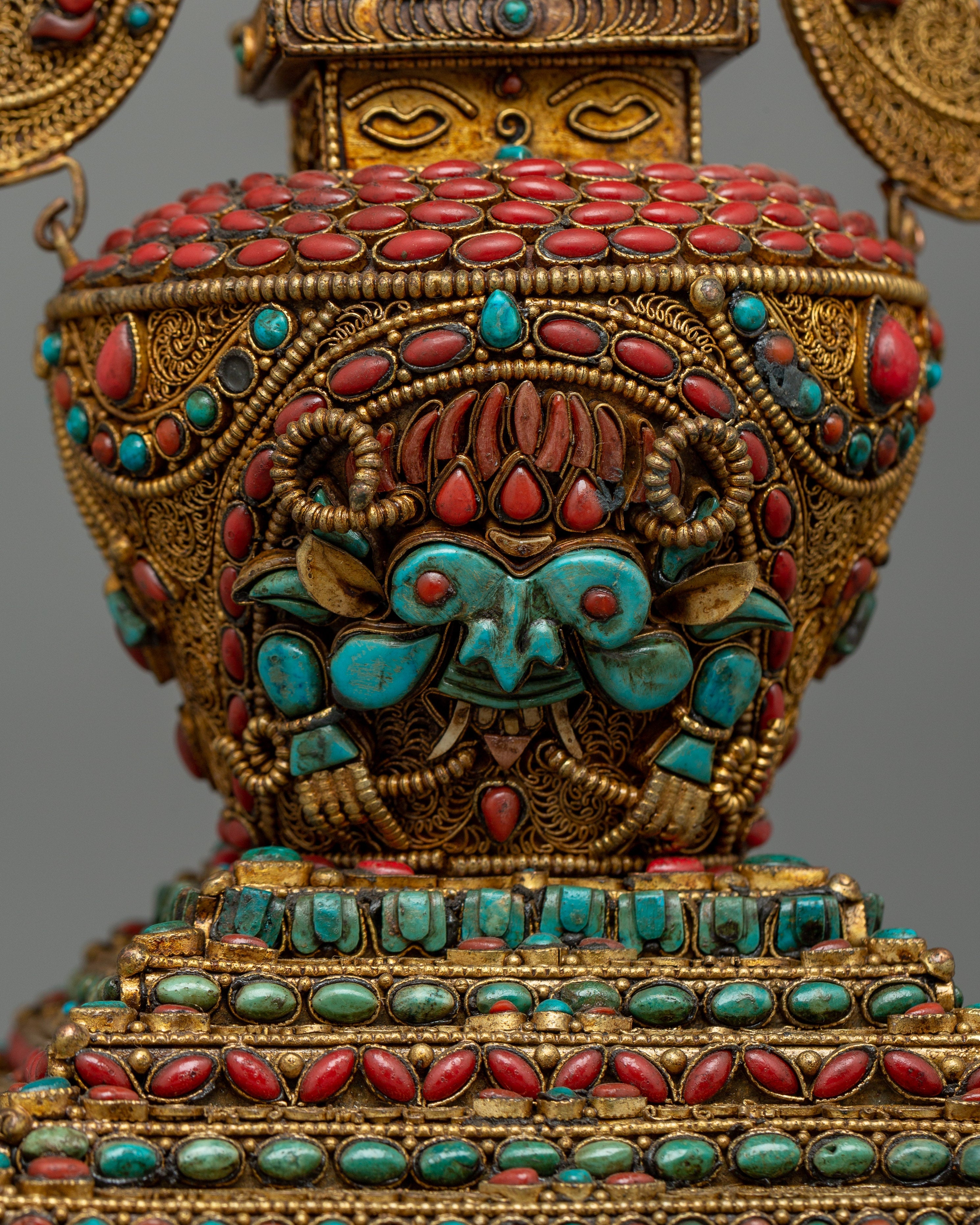 Decorative Stupa with Buddha Figure | Copper Stupa with Gold Plating