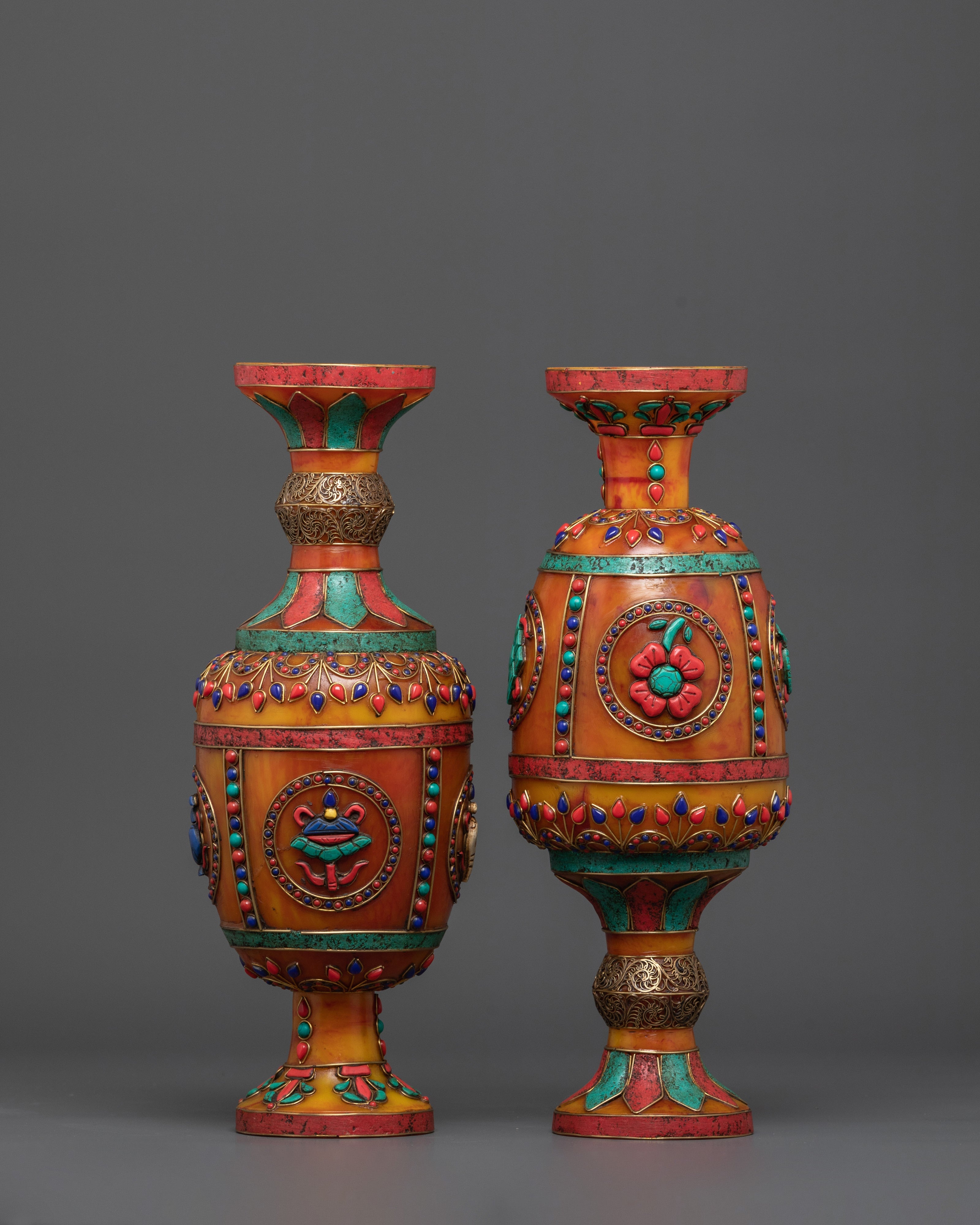 Buddhist Flower Vase Set for Decor | Coral, and Turquoise Stones