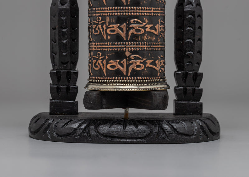 Handcrafted Tabletop Tibetan Prayer Wheel | Copper Body & Wooden Frame