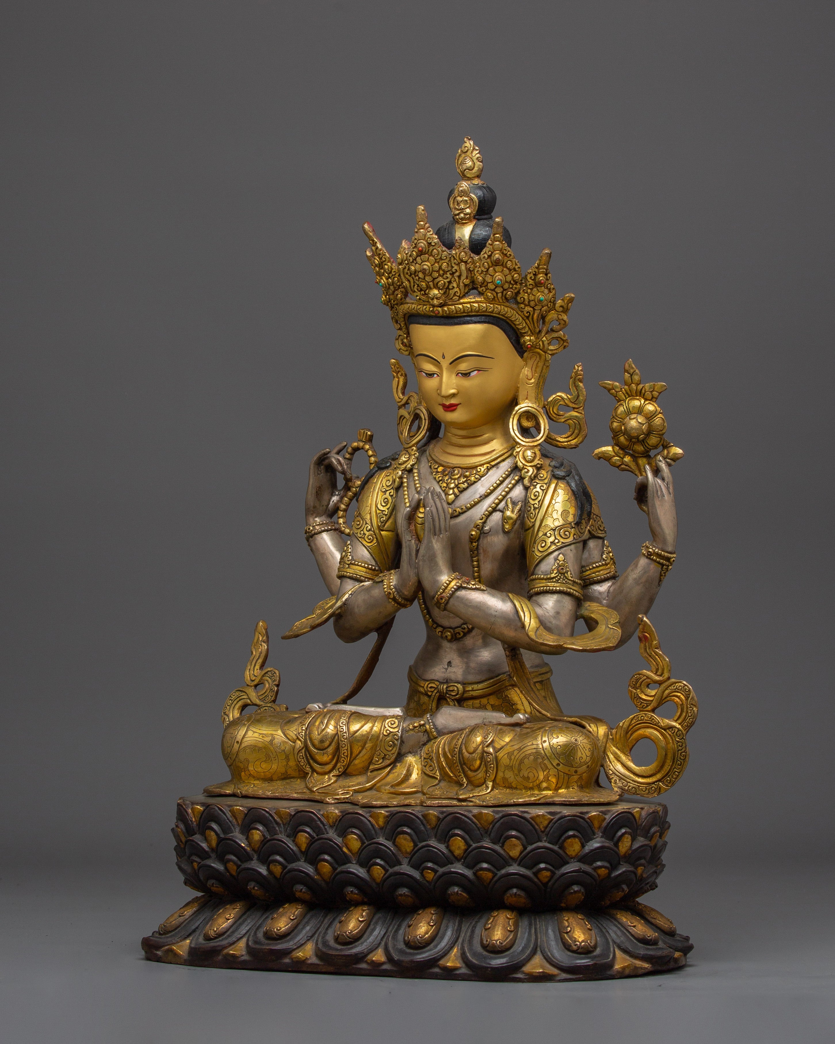 Silver-Plated & Gold-Gilded Copper Chenrezig Statue | The Bodhisattva of Compassion