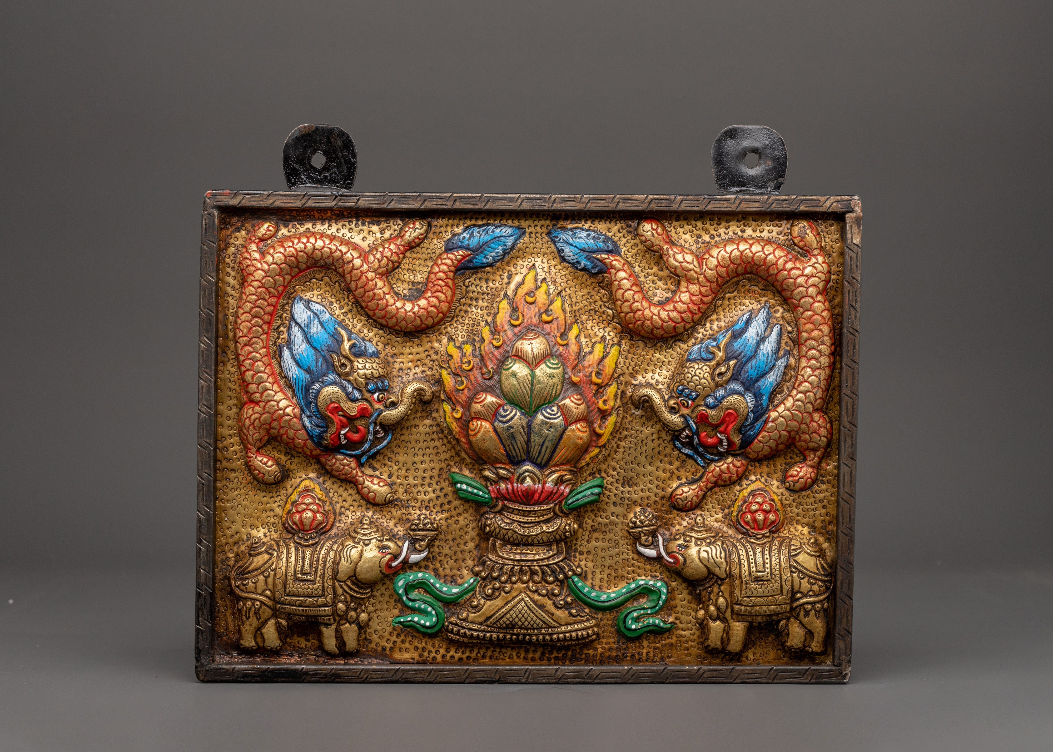 Handcrafted Brass Tibetan Wall Hanging | Tibetan Decor with Elephants & Dragon