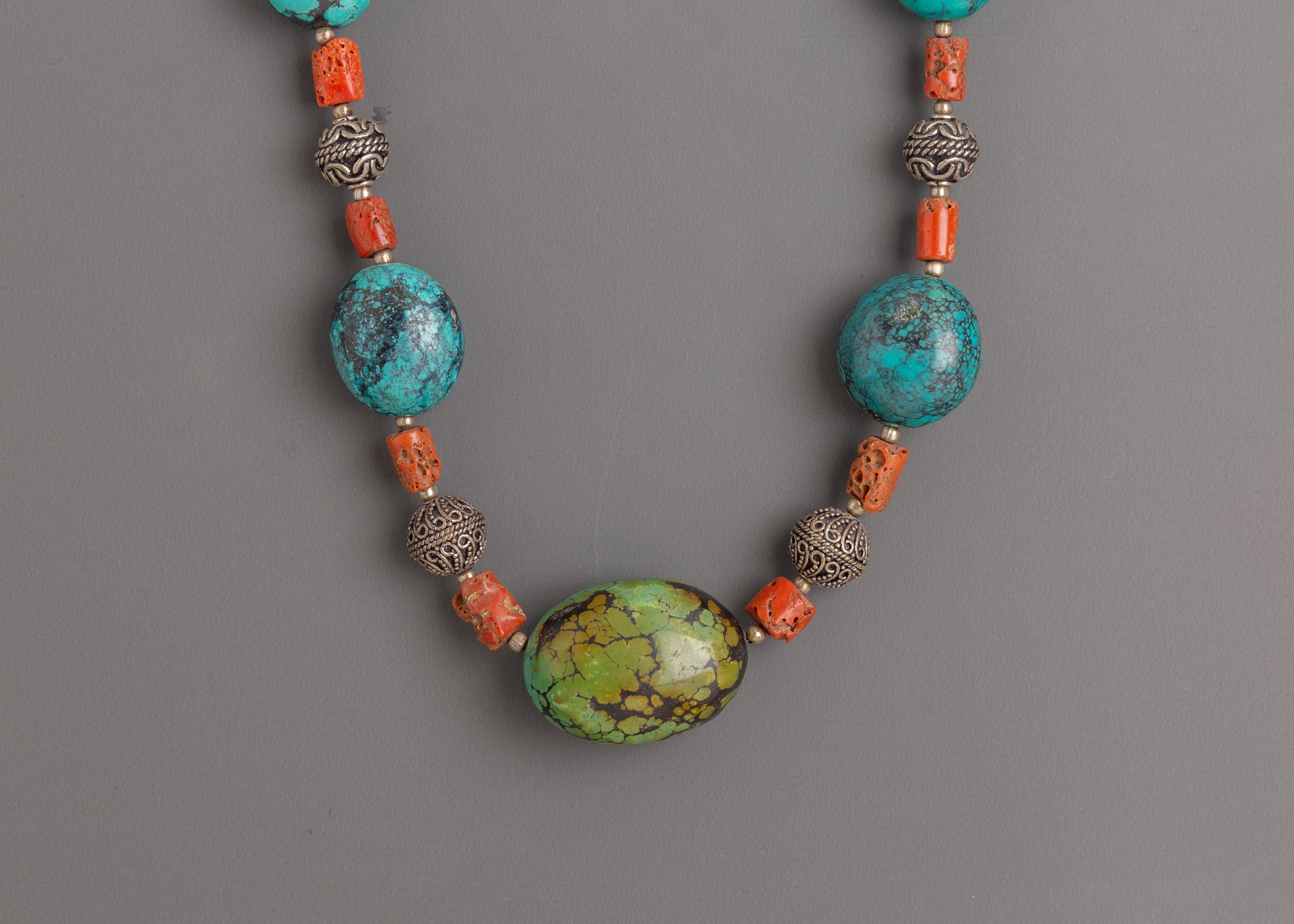 Sacred Turquoise Coral Beaded Mala | Tibetan Prayer Beads Silver Jewelry