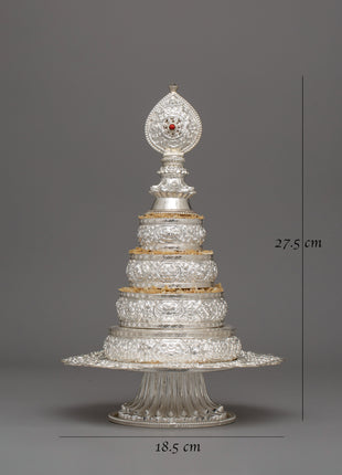 Handcrafted Silver Ritual Item Mandala Offering Set | 17.5cm Rice Offering Set