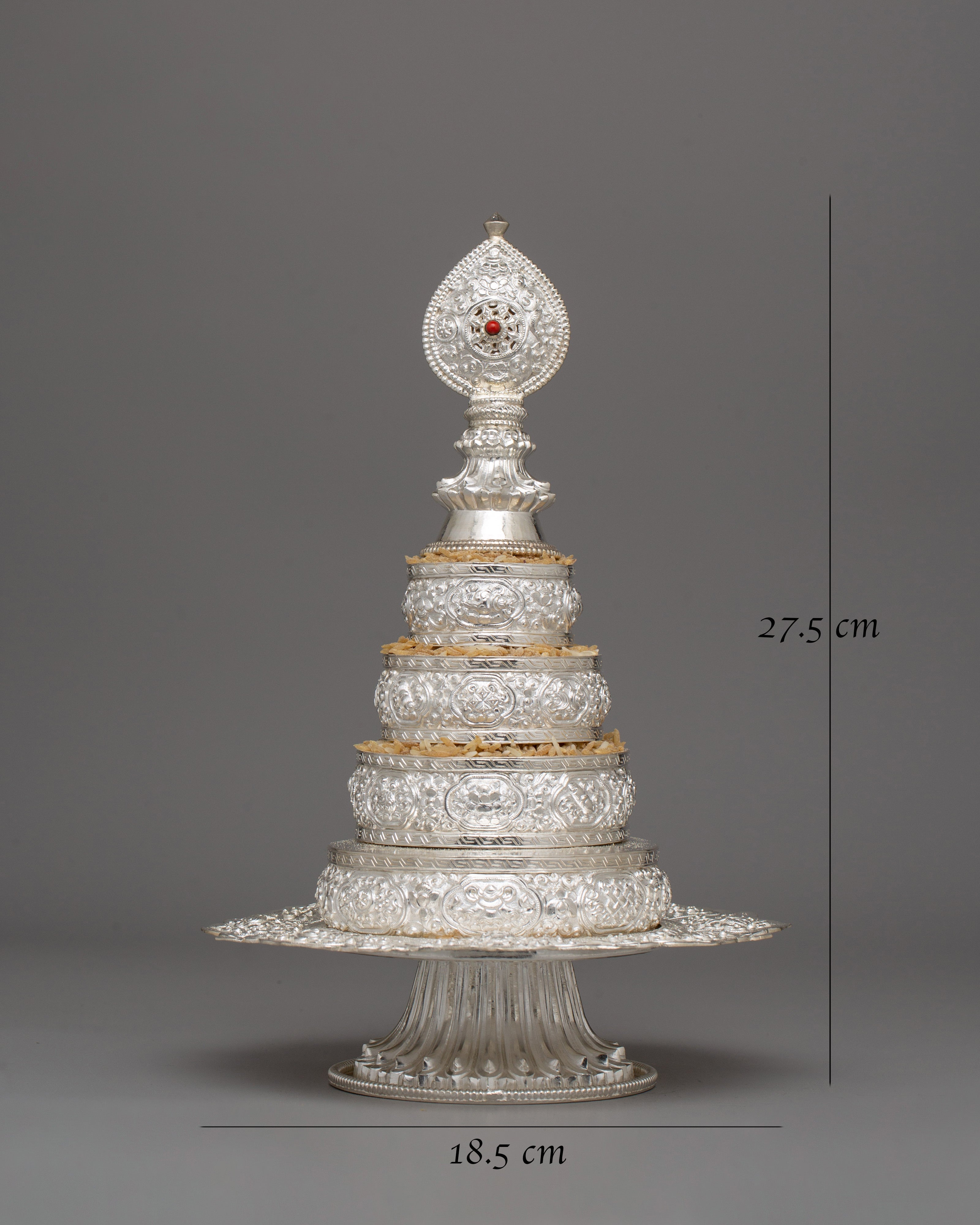 Handcrafted Silver Ritual Item Mandala Offering Set | 17.5cm Rice Offering Set