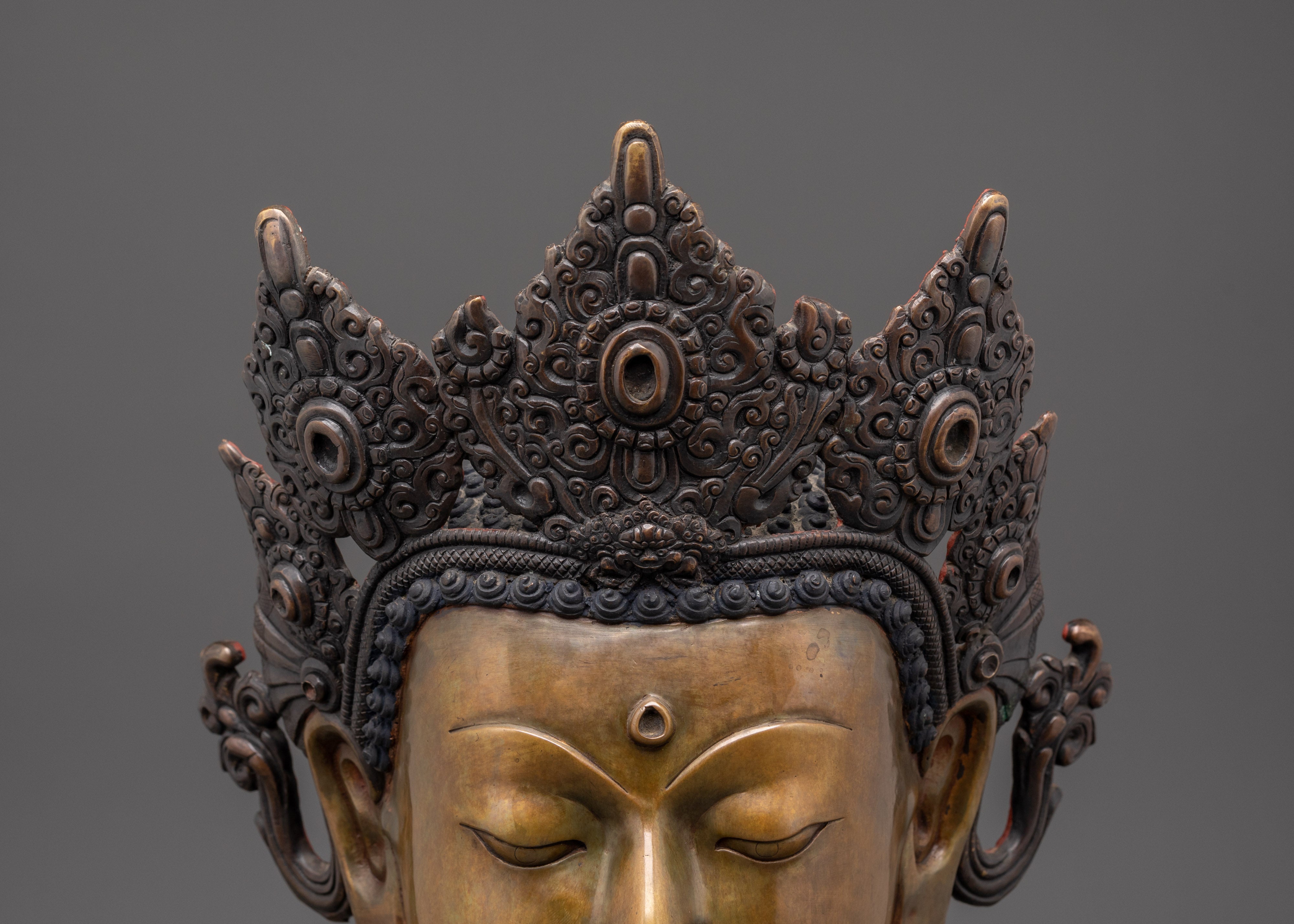 Tibetan Buddha Head Sculpture | Oxidized Copper Bust with Crown & Earrings