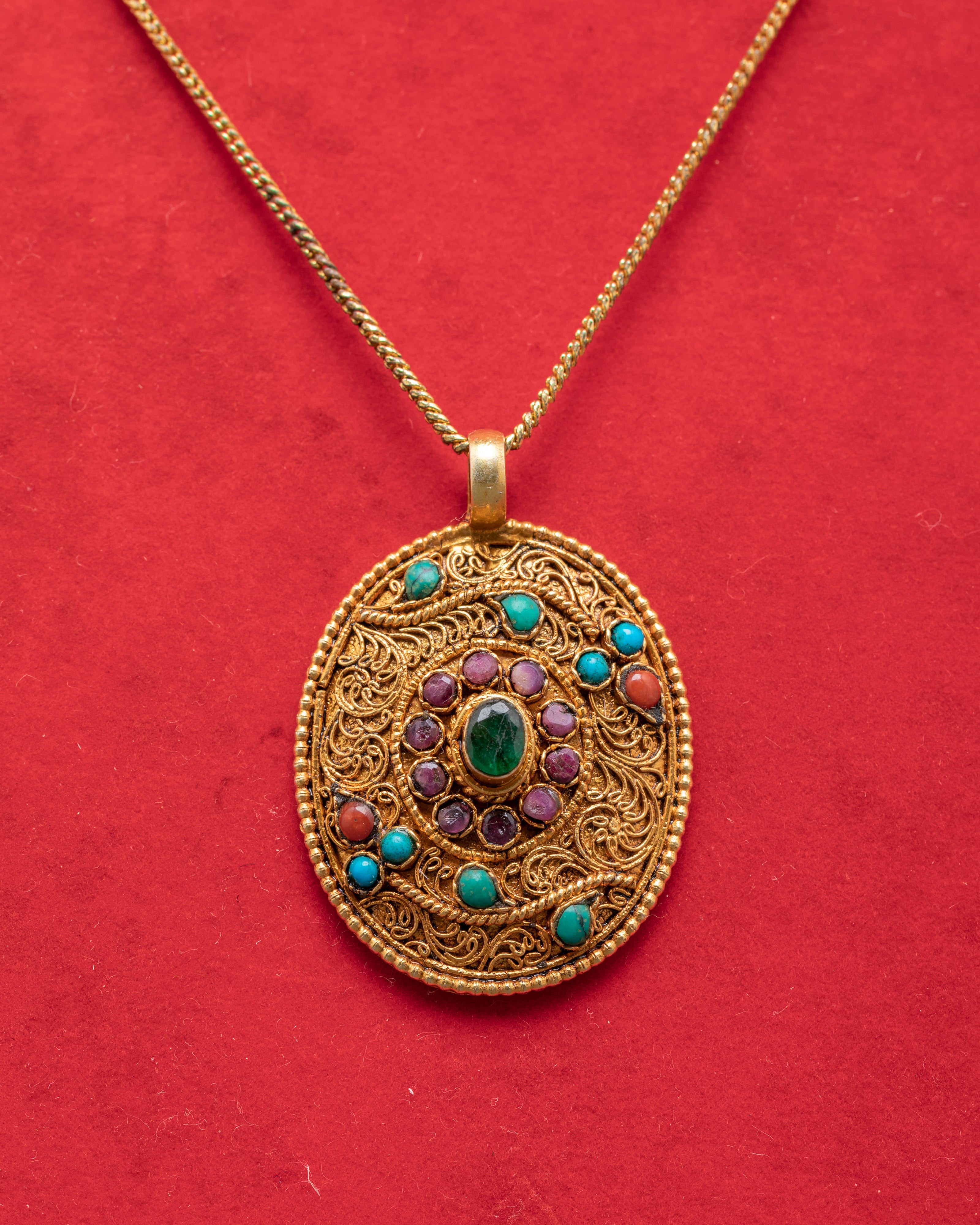 Elegant Handcrafted Gold Filigree Locket | Panna, Ruby, Coral, and Turquoise Stones