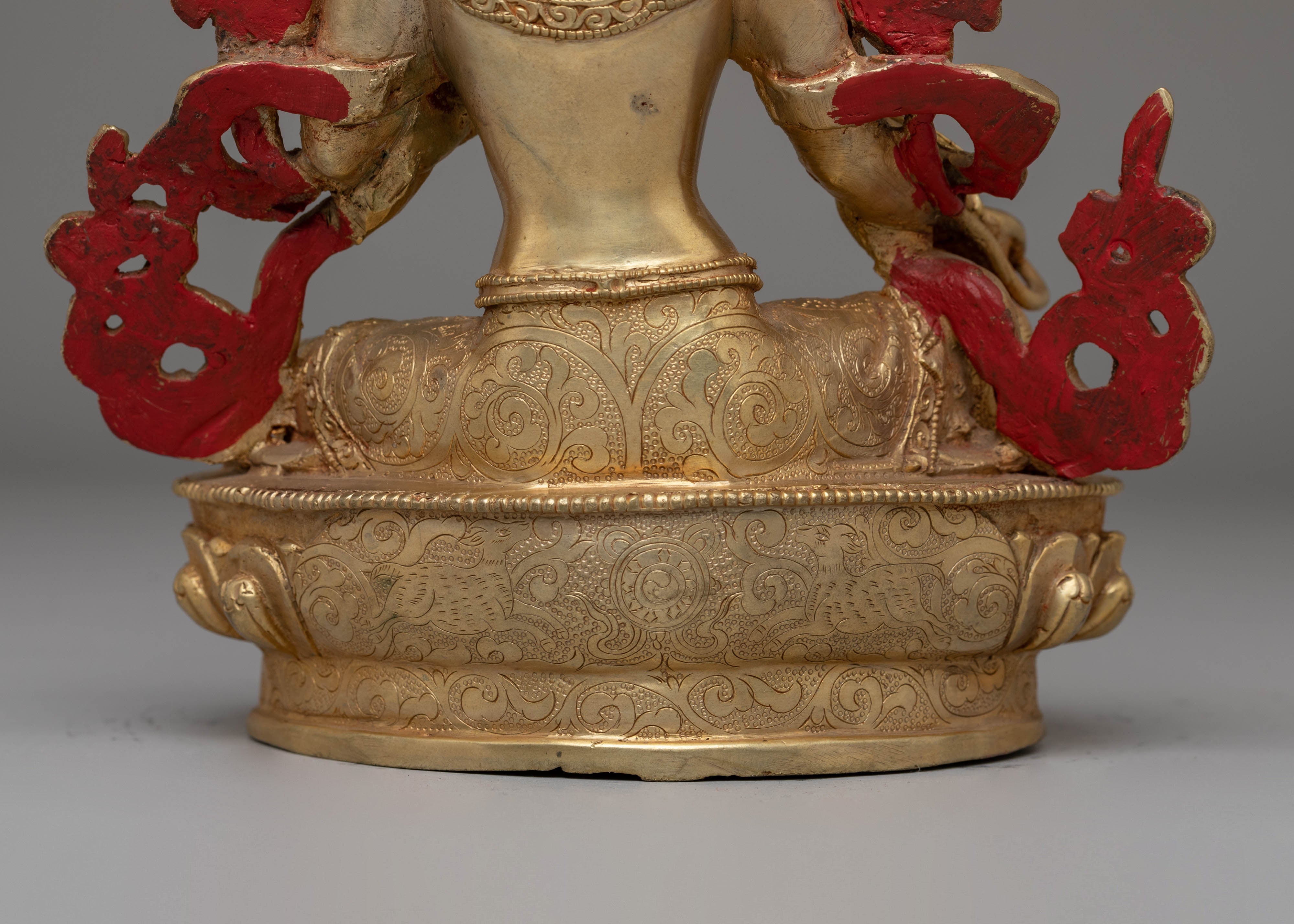 Handcrafted Green Tara Copper Statue with Spiritual Motifs