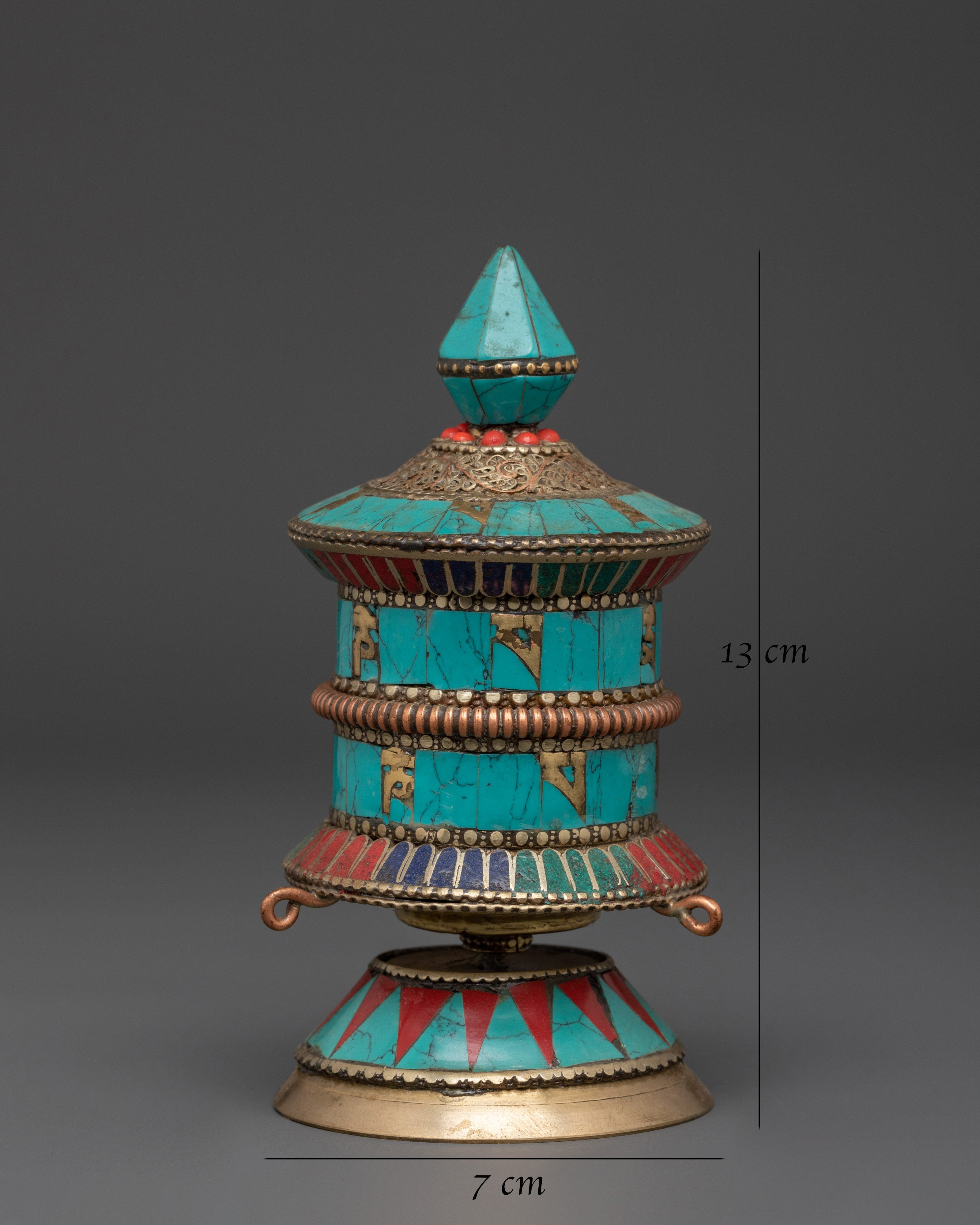 Handmade Turquoise Stone Mantra Prayer Wheel | Brass Coral Buddhist Wheel