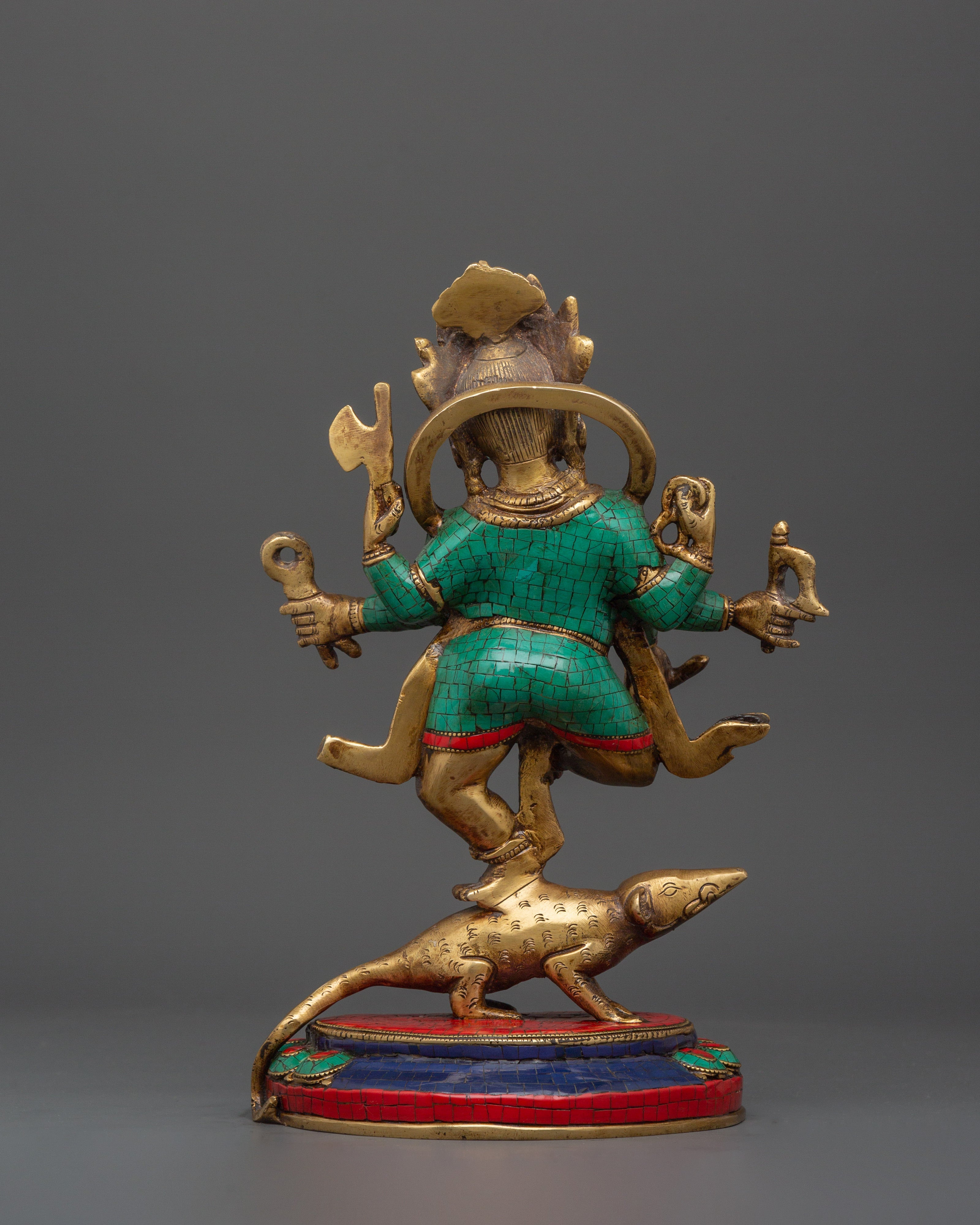 Lord Ganesh In Dance Posture Statue | Brass Ganesh Statue with Turquoise & Coral