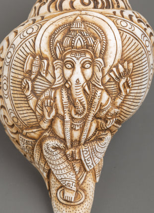 Ganesh Carved Conch Shell for Altar | Handcrafted Conch Shell Ritual Shankha
