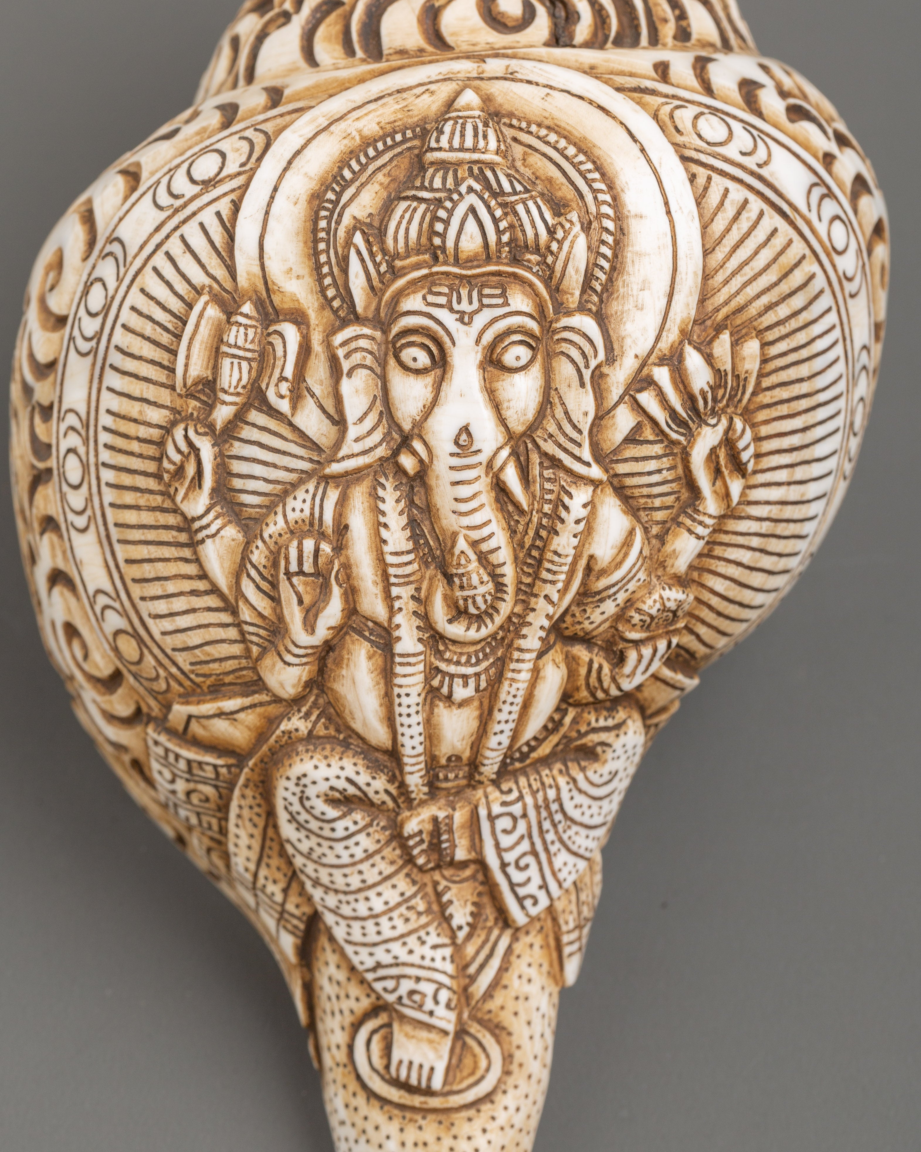 Ganesh Carved Conch Shell for Altar | Handcrafted Conch Shell Ritual Shankha