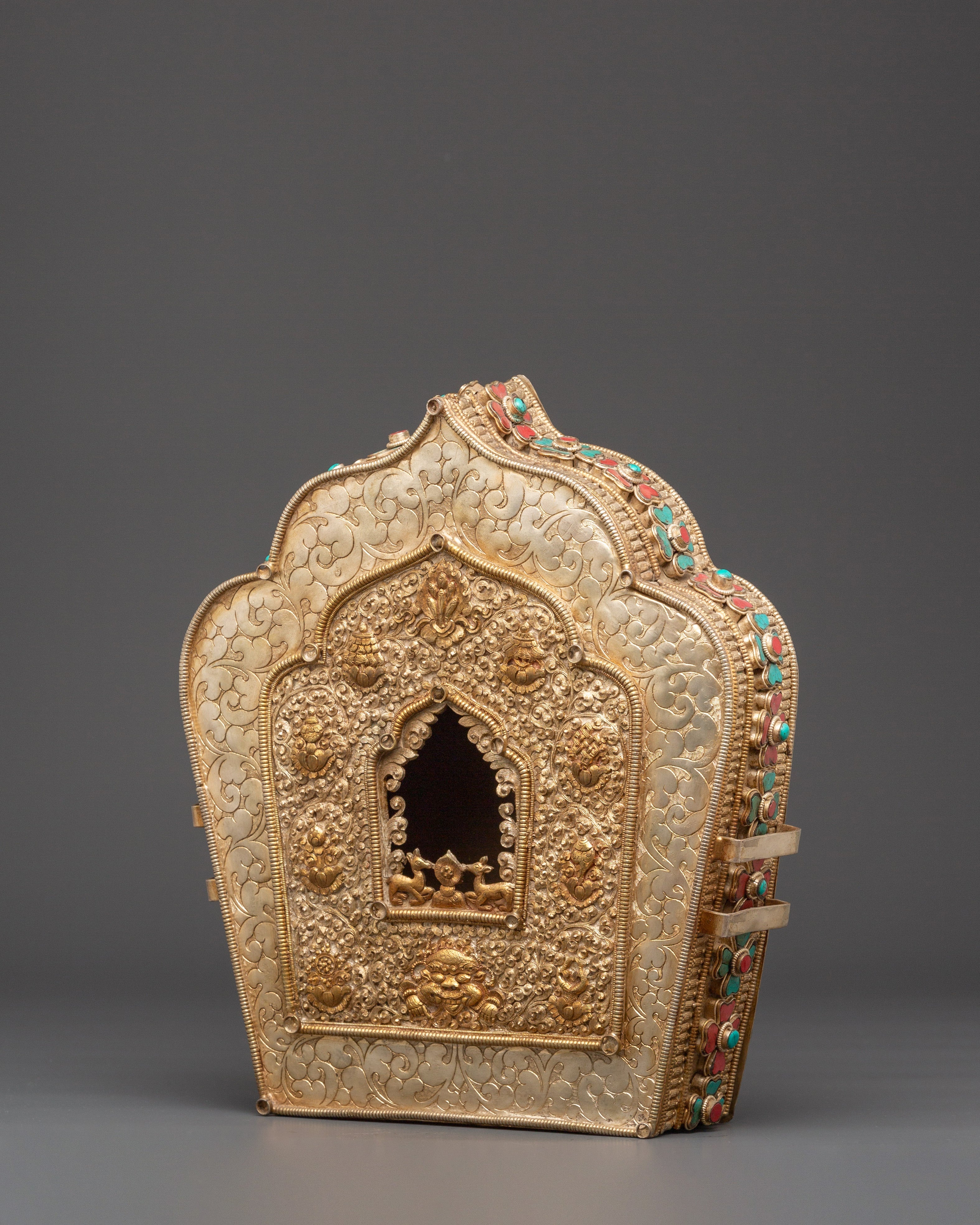 Copper Gold Plated Ghau Box with Semi Precious Stones | Altar and Decor