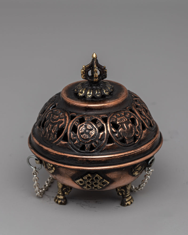 Hanging Tibetan Incense Burner | Brass & Copper Ritual Burner with Sacred Motifs