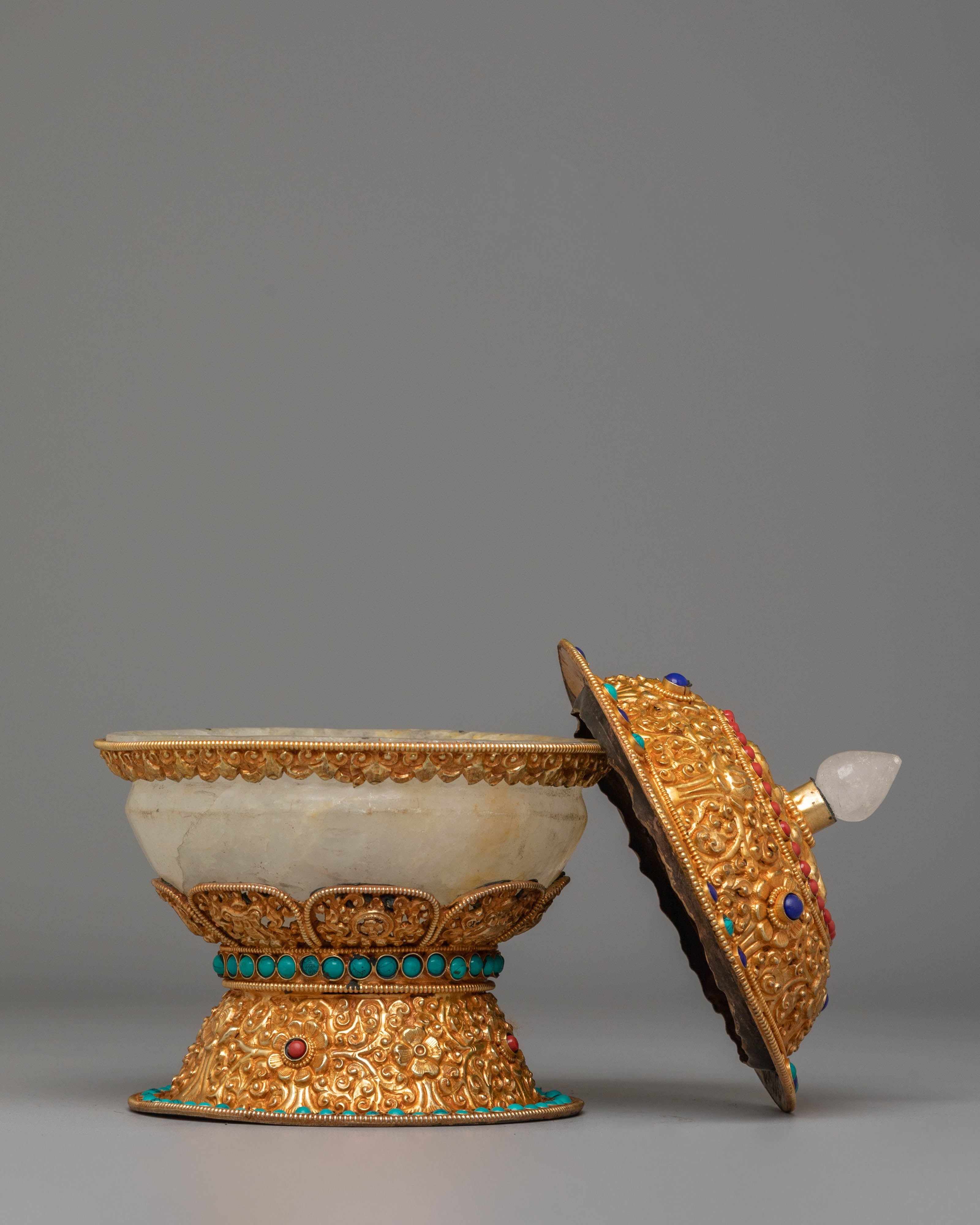 Sacred Tibetan Handcrafted Rice Pot | Electro Gold-Plated with Coral & Turquoise