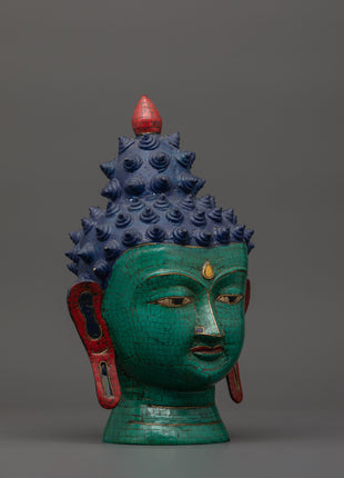 Large Brass Buddha Head Statue | Turquoise & Coral Inlay